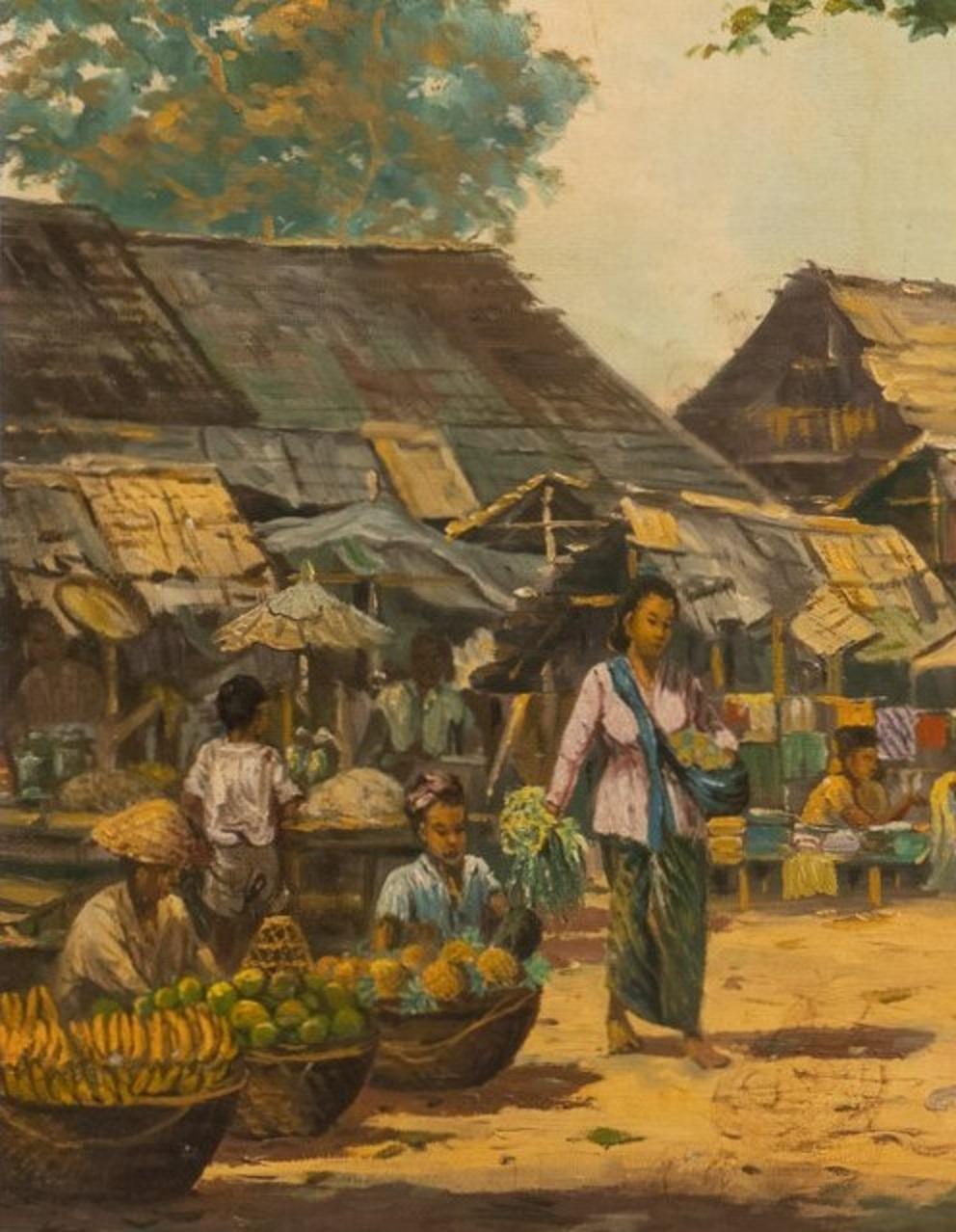 GA Kadir, Indonesische Dorfansicht, Öl auf Leinwand, signiert. Erste Hälfte des 20. Jahrhunderts (Farbe) im Angebot