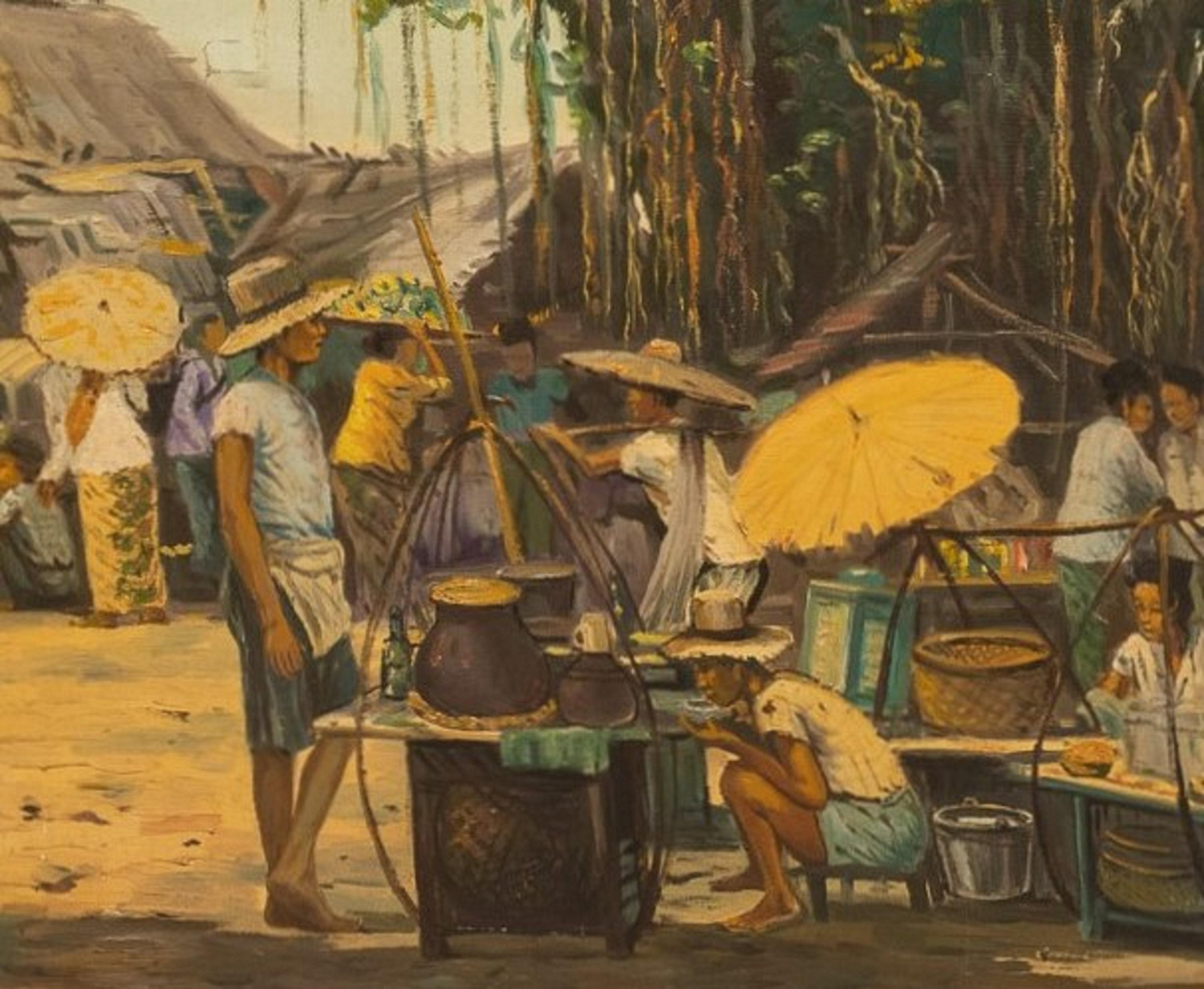 20th Century GA Kadir, Indonesian Village view, Oil on Canvas.Signed.First half 20 th C For Sale