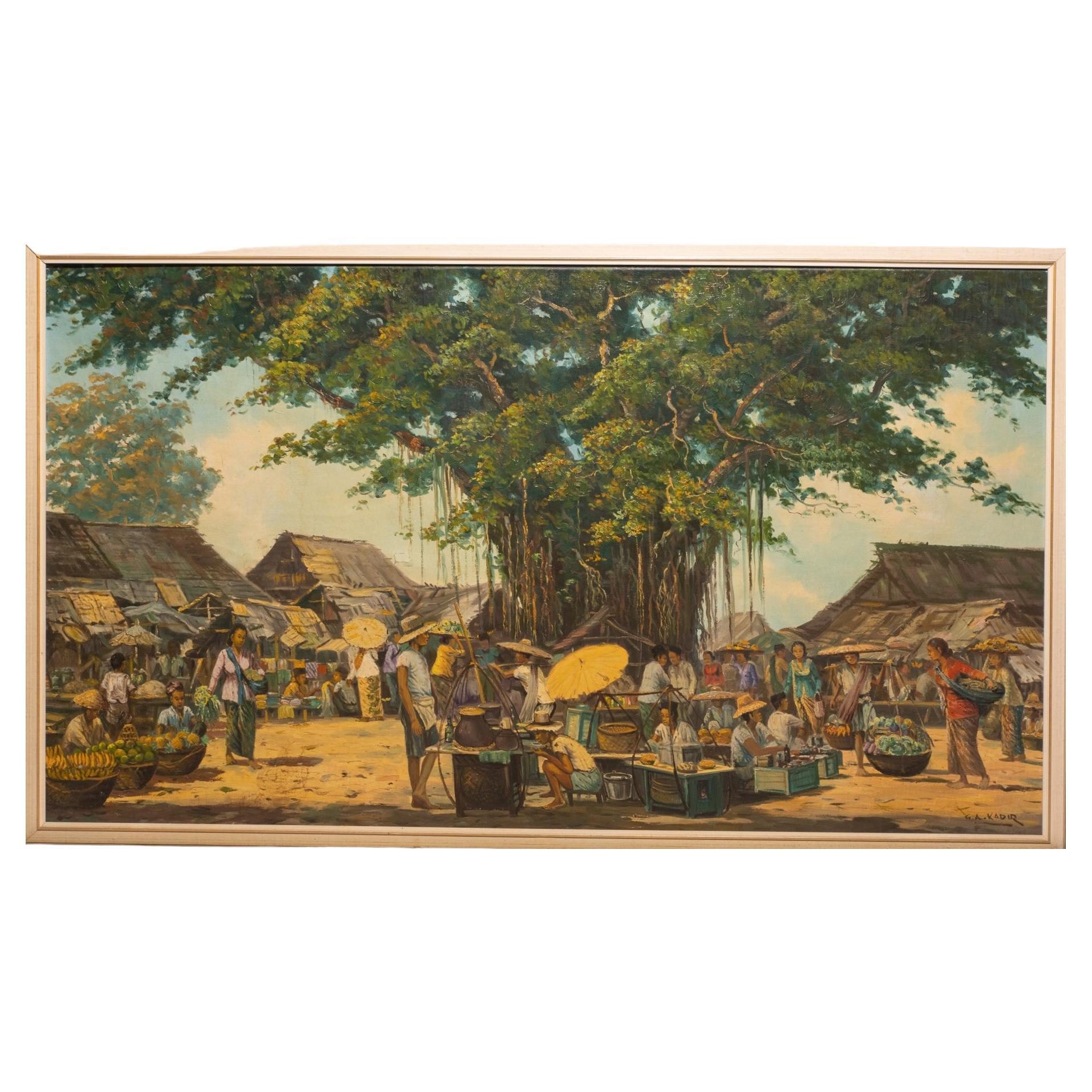 GA Kadir, vue d'un village indonésien, huile sur toile, signée, première moitié du 20e siècle