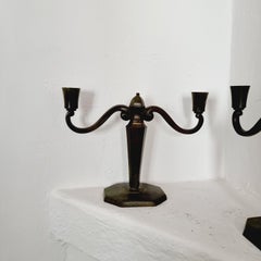 Jacob Ängman for GAB, Pair of Solid Bronze Candelabras, Swedish Grace