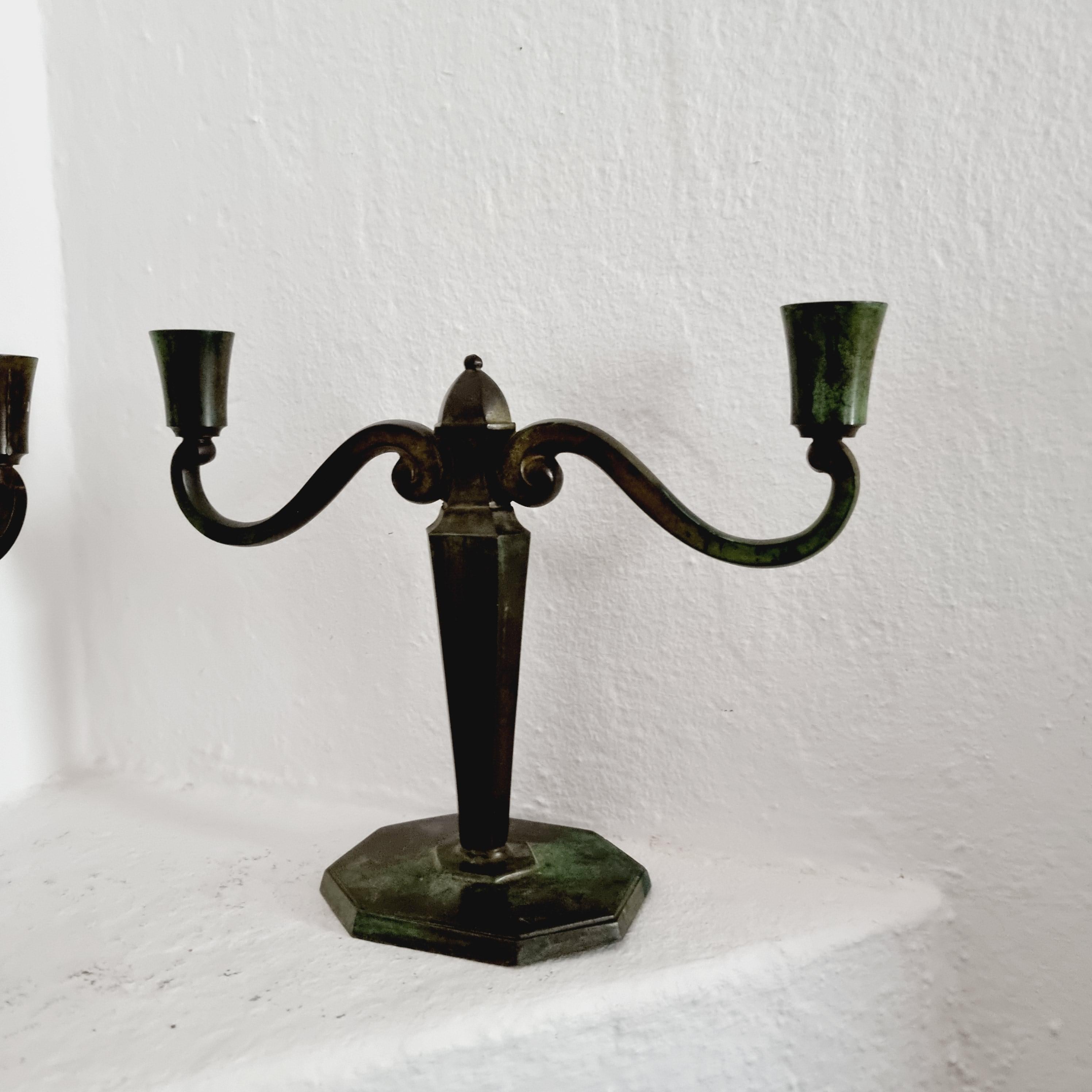 Art Deco Jacob Ängman for GAB, Pair of Solid Bronze Candelabras, Swedish Grace For Sale