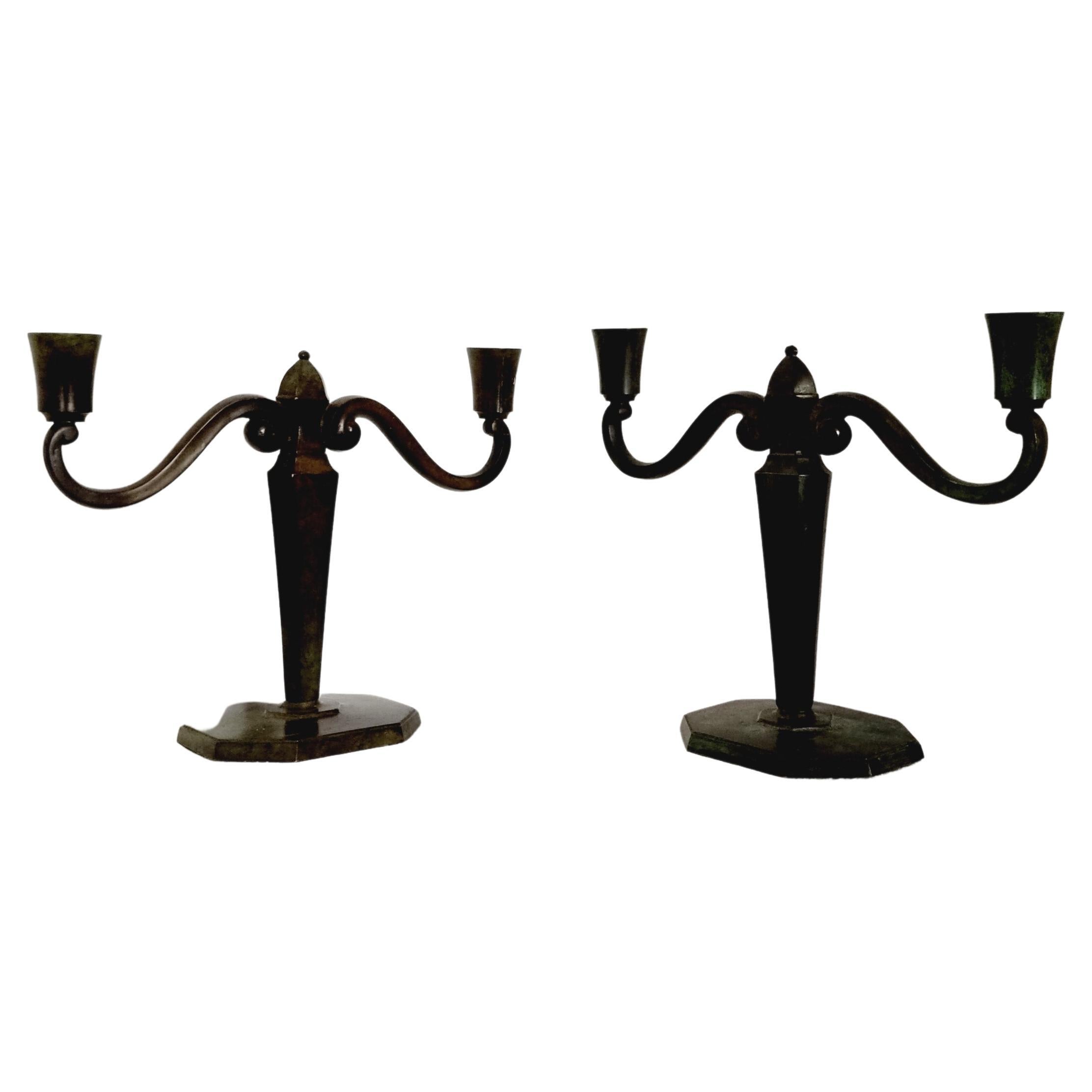 Jacob Ängman for GAB, Pair of Solid Bronze Candelabras, Swedish Grace For Sale