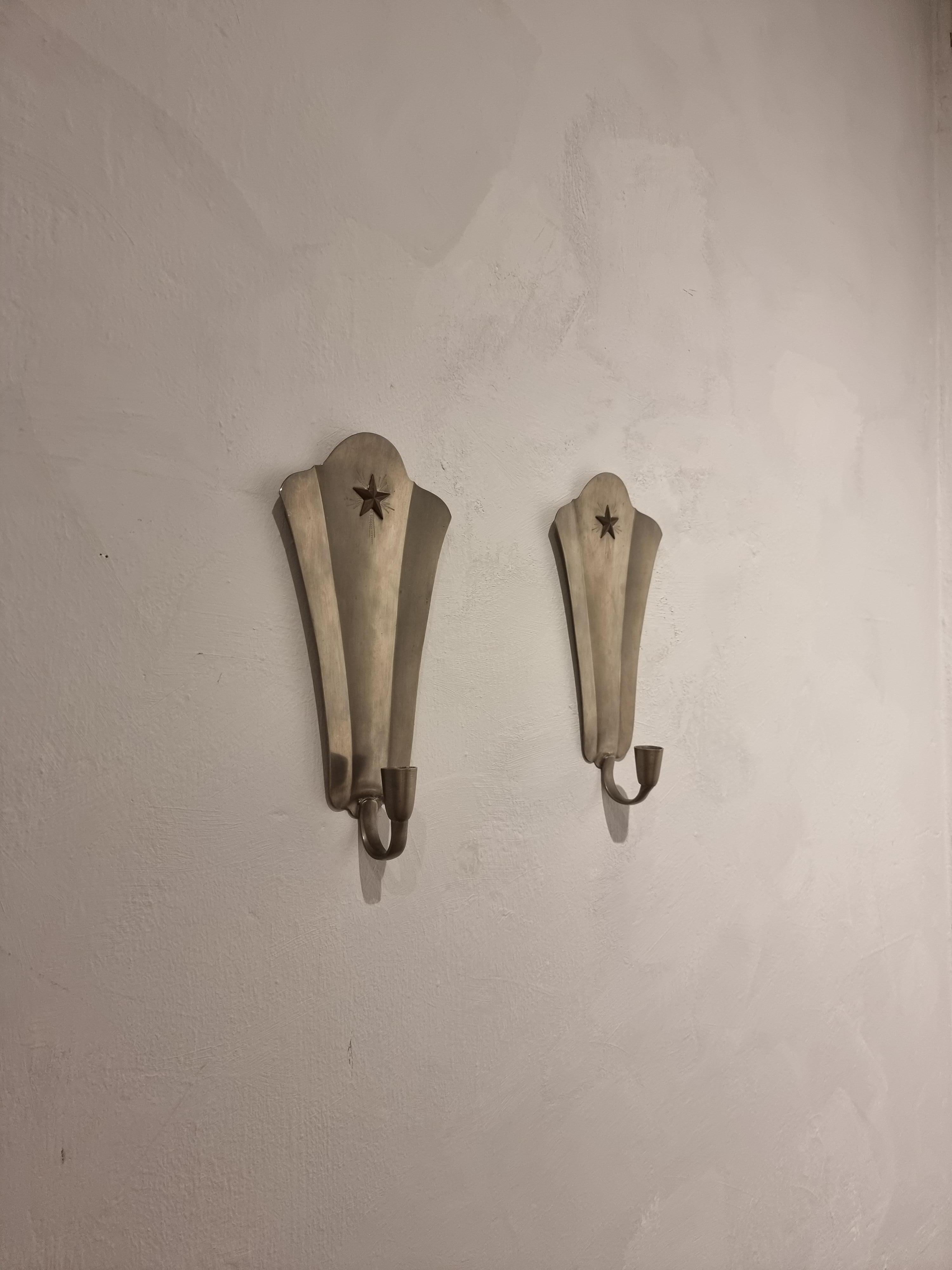 Brass GAB, a pair candle sconces, pewter and brass, Swedish Grace, 1940