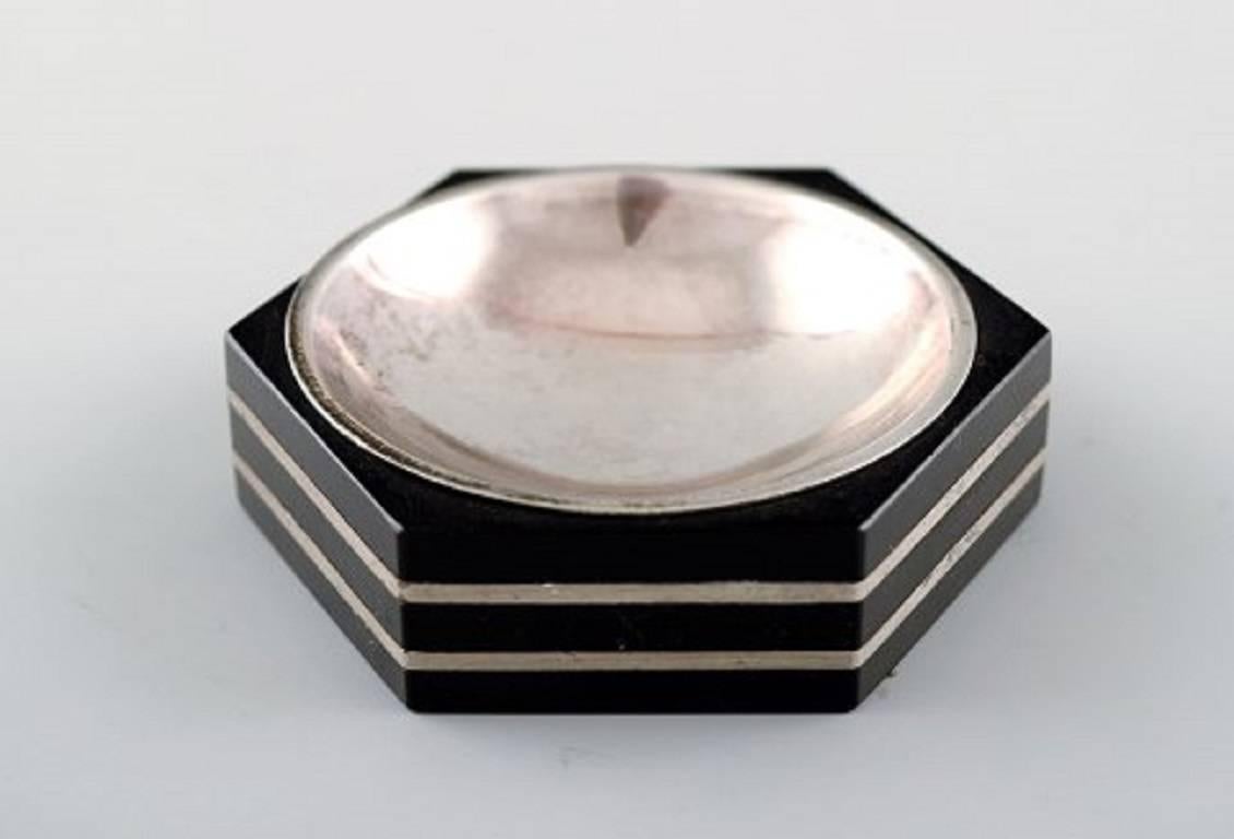 Swedish GAB 'Guldsmedsaktiebolaget' Art Deco Hexagonal Salt Cellar in Silver and Ebony