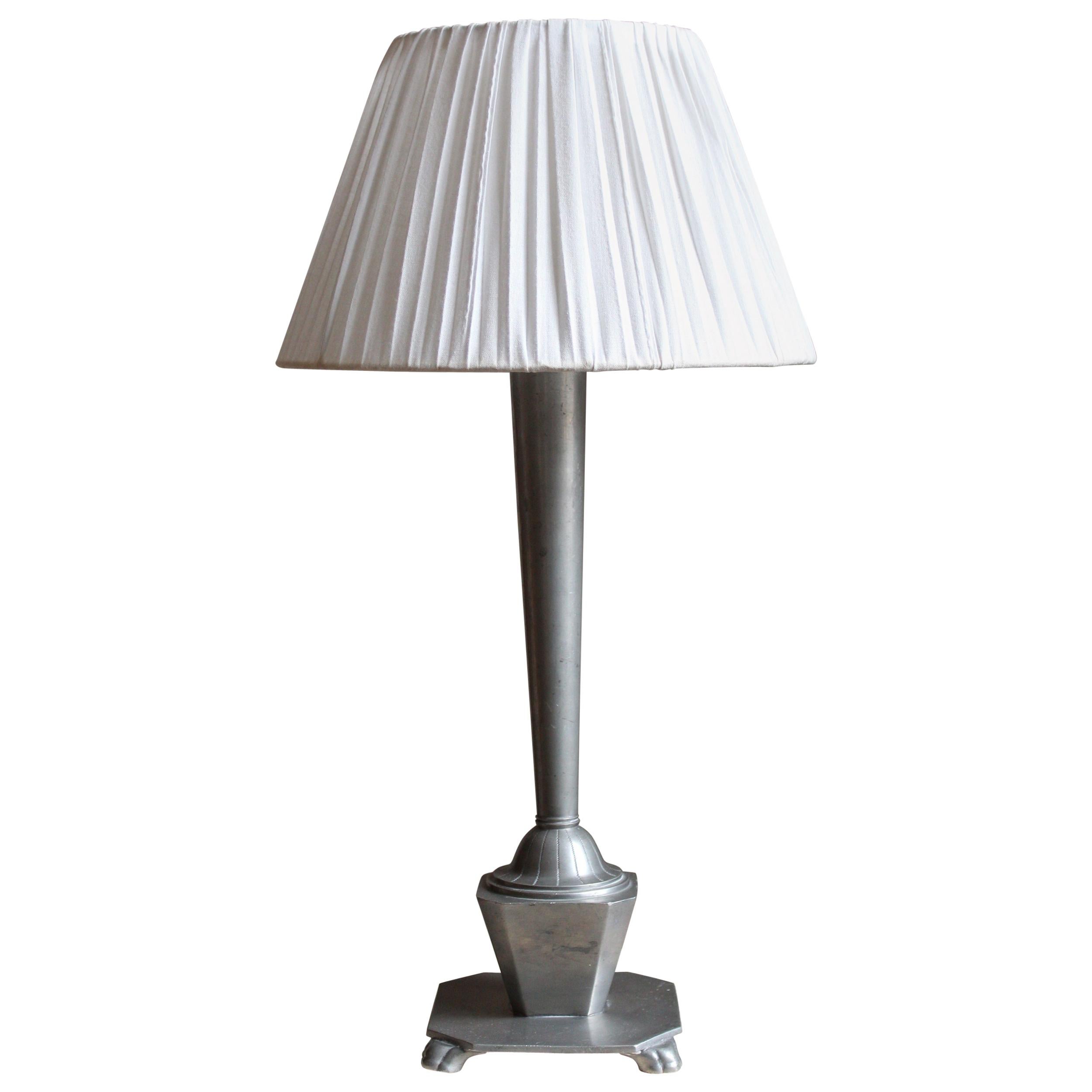 GAB Guldsmedsaktiebolaget, Table Lamp, Pewter, Linen, Sweden, 1930s