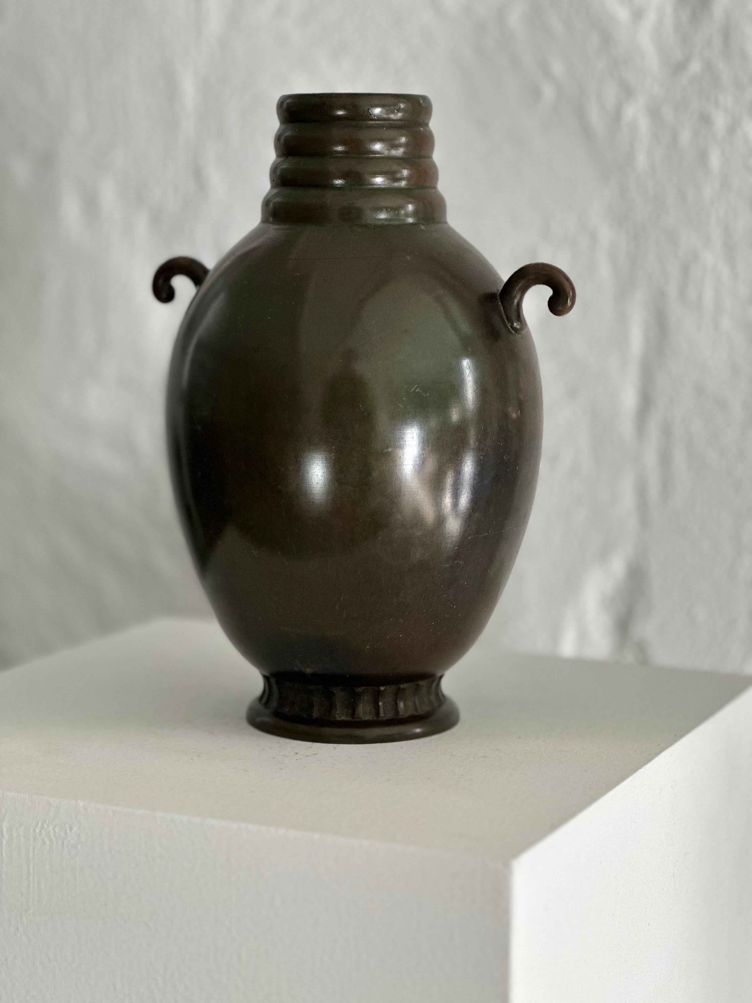 GAB Large Patinated Handled Bronze Vase, 160, 1930s, Sweden 3