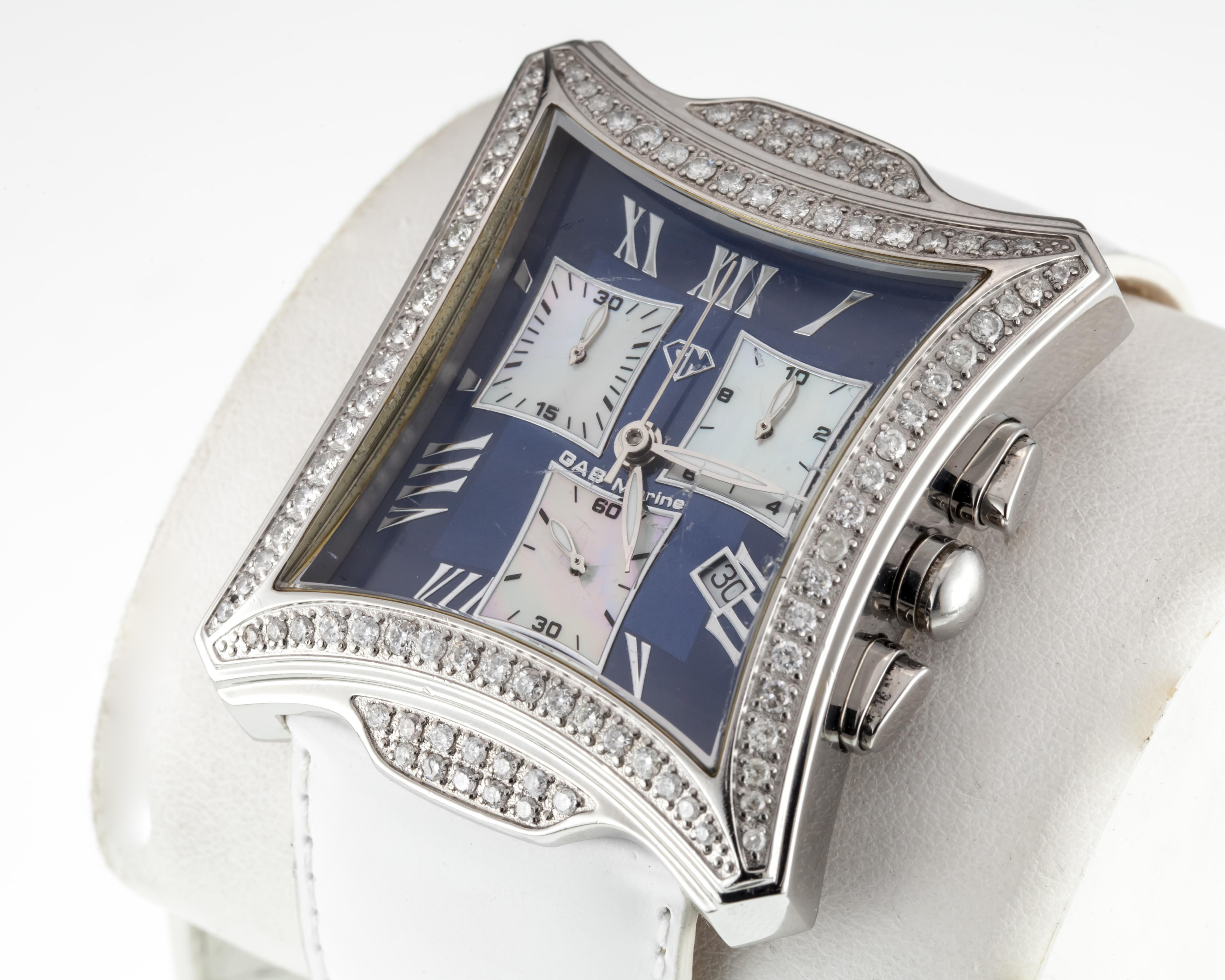 Gab Marine Stainless Steel Diamond Large Women's Chronograph Quartz Watch
Movement #TA010067
Case #TA010067

Stainless Steel Case w/ Diamond Bezel and Accents
36 mm Wide (39 mm w/ Crown)
47 mm Long
Lug-to-Lug Width = 28 mm
Lug-to-Lug Distance = 47