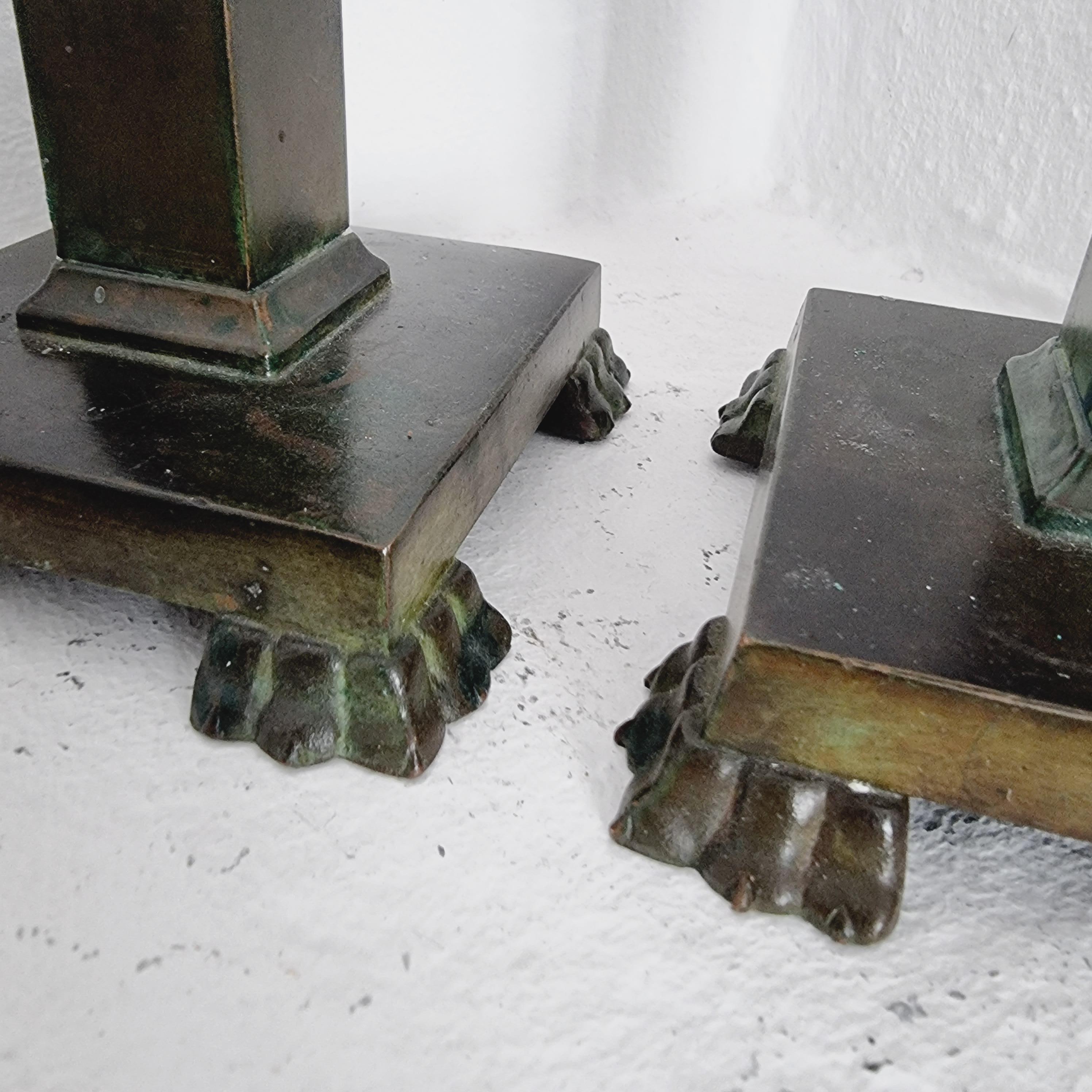 Jacob Ängman for GAB, Solid Bronze Candlesticks, Lion Paw Decor, Swedish Grace In Good Condition For Sale In Stockholm, SE