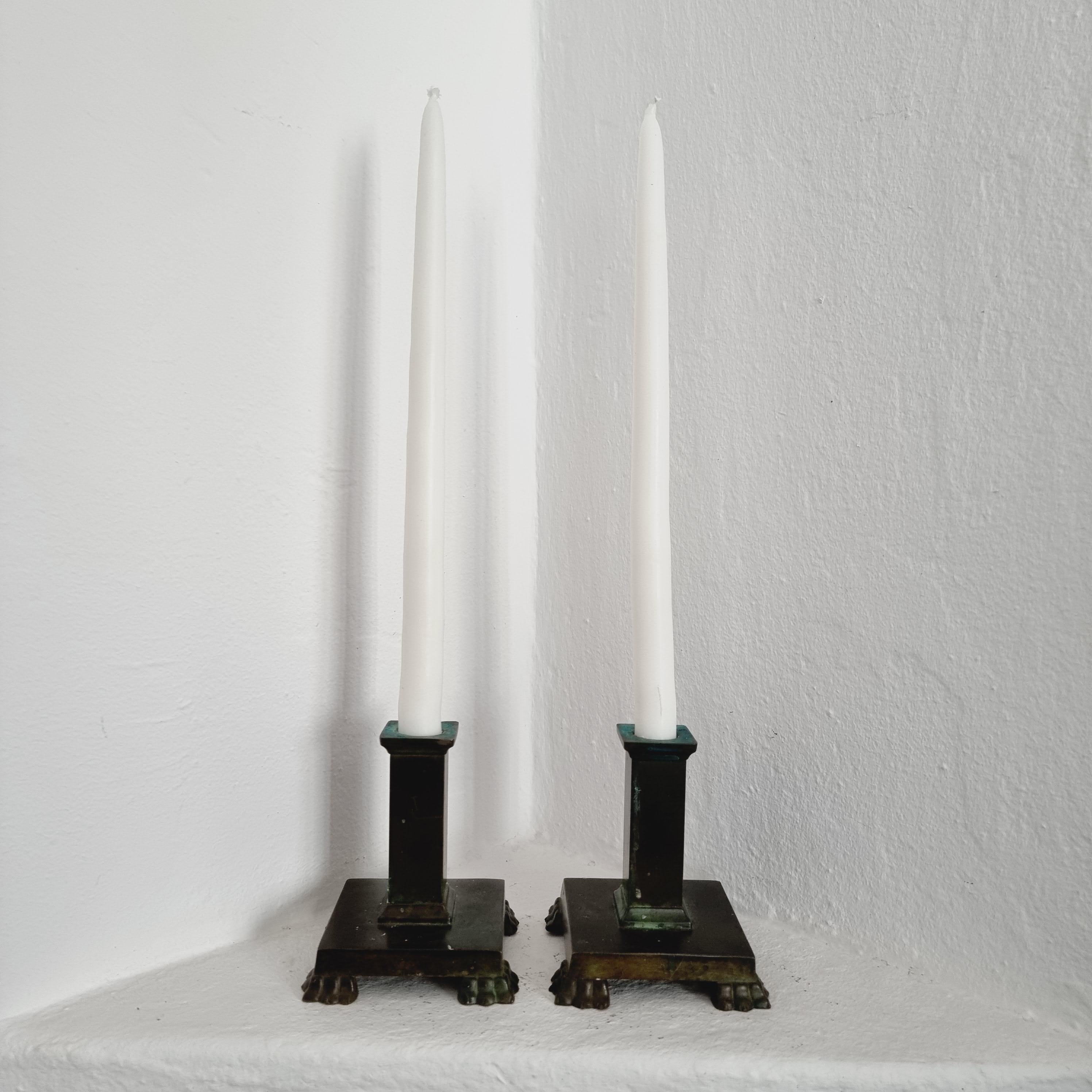 Mid-20th Century Jacob Ängman for GAB, Solid Bronze Candlesticks, Lion Paw Decor, Swedish Grace For Sale