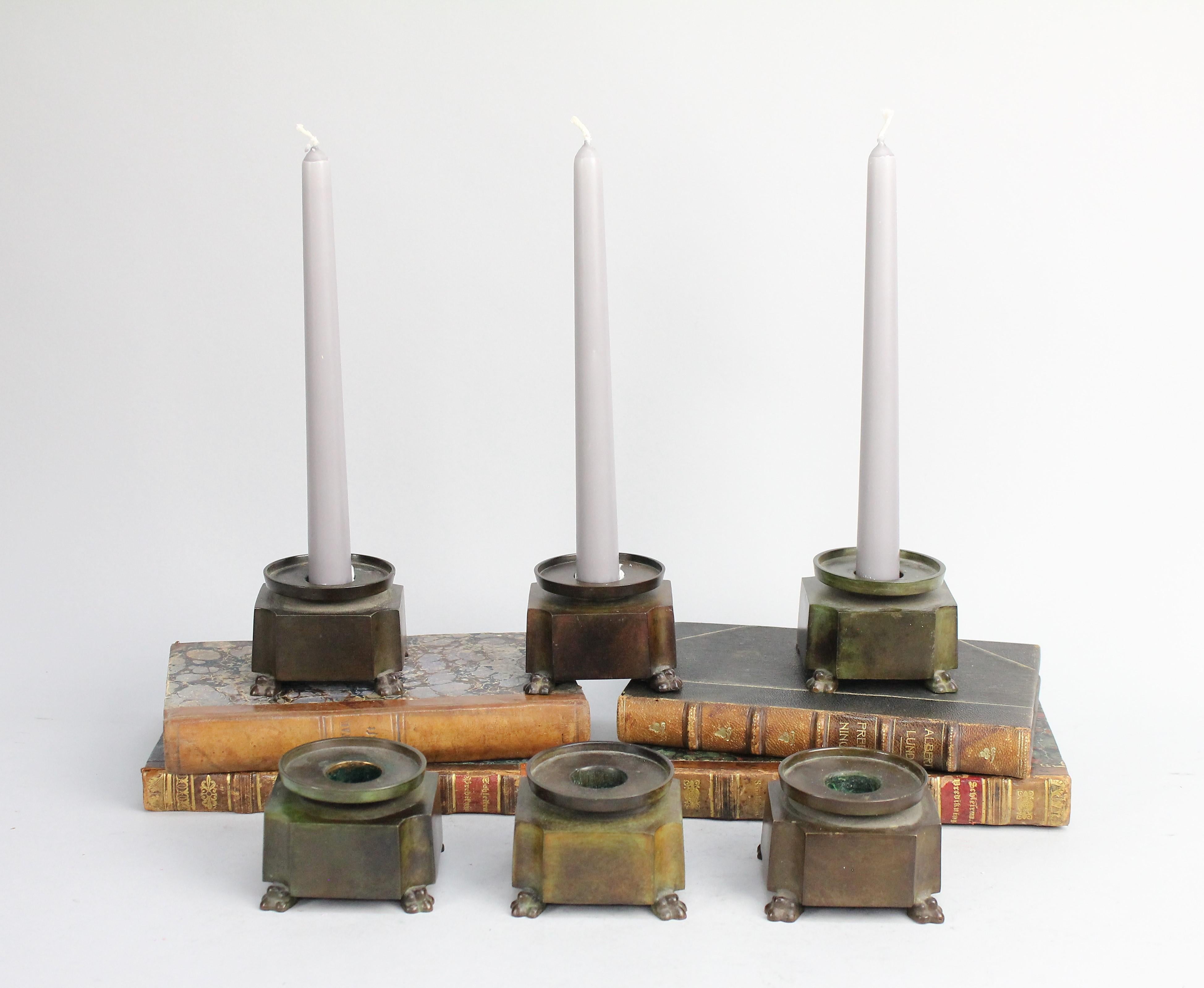 Patinated GAB Sweden 1930s, Set of Six Bronze Candlesticks For Sale