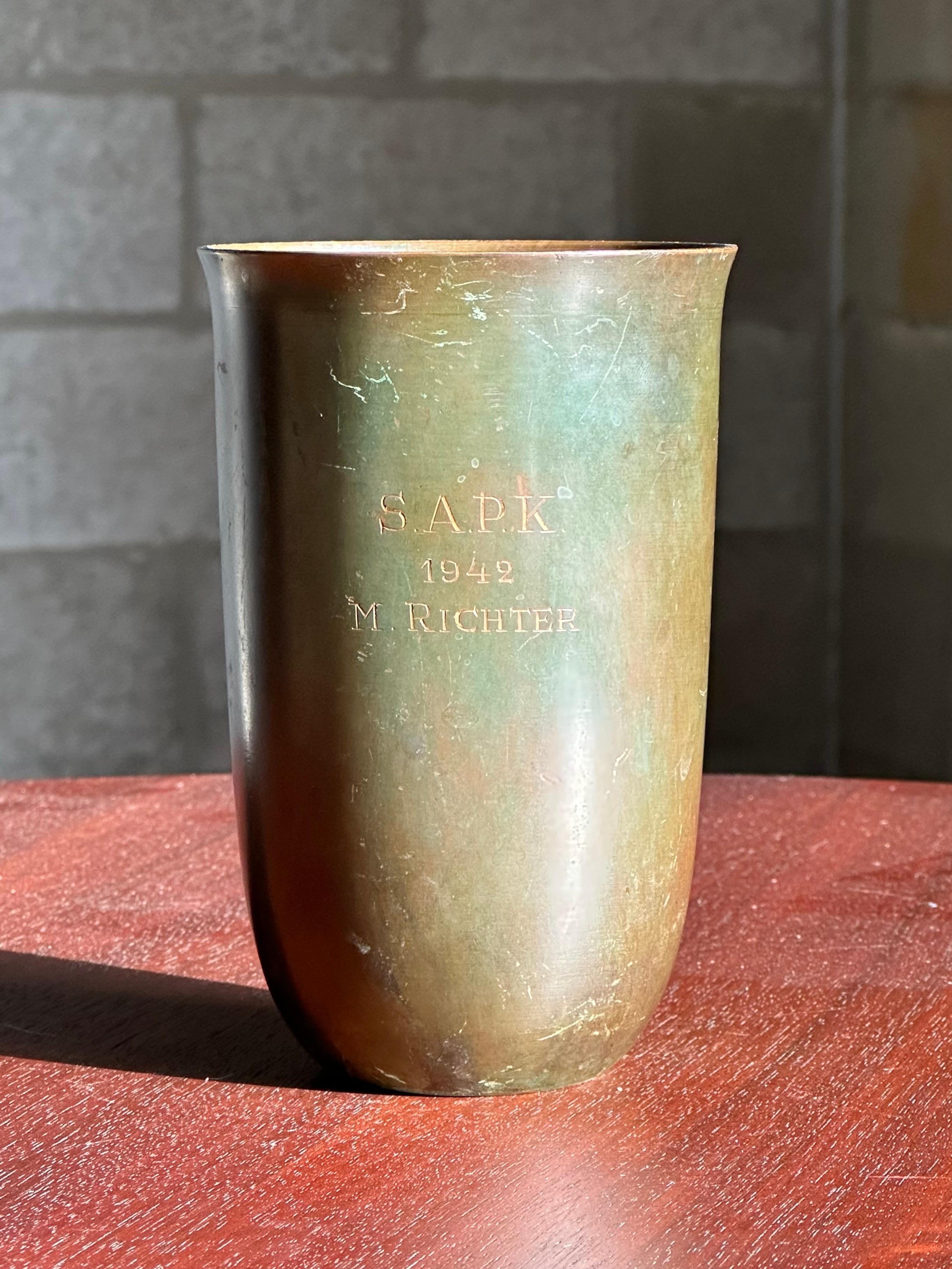 A beautiful art deco vase produced by GAB, Guldsmedsaktiebolaget circa 1940s. Appearing to have been enagraved at some point. Great patina throughout- please reference photos for color accuracy. The darker pictures depict the vase in a well shaded