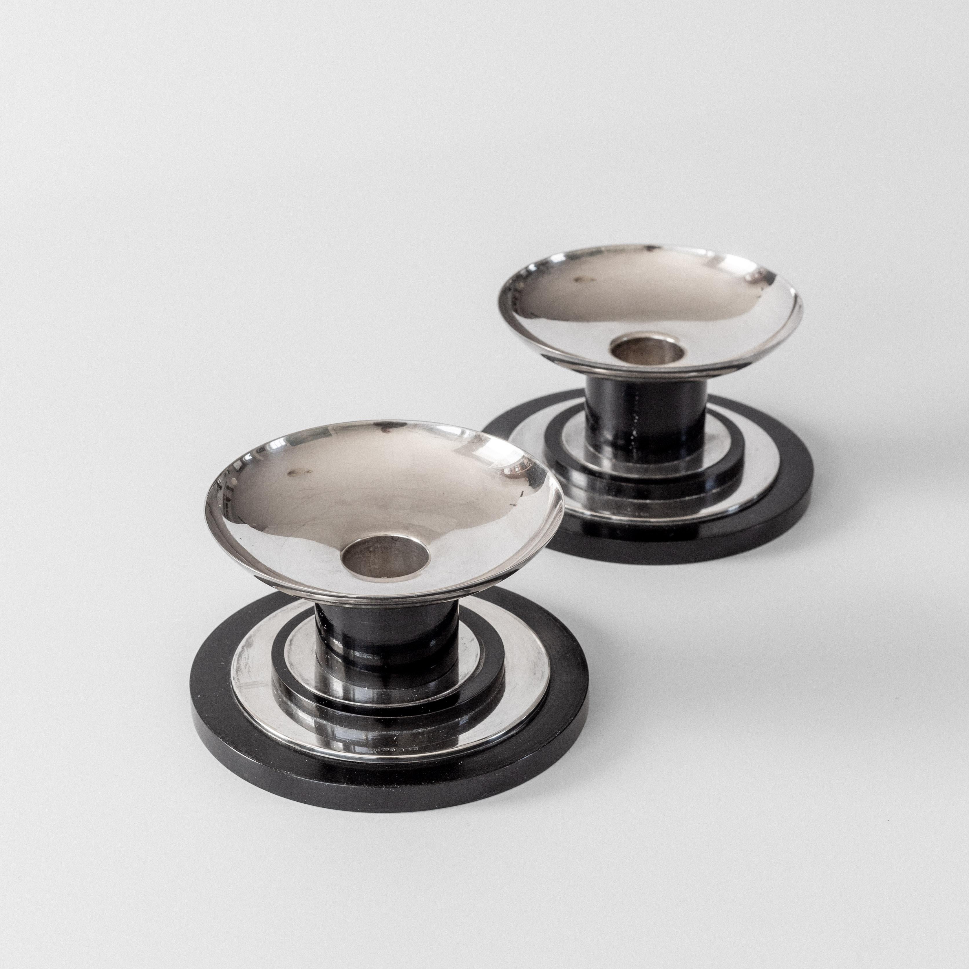 Scandinavian Modern GAB Sweden Sterling Silver & Wood Candlesticks - 1930s Modernist Candle Holders