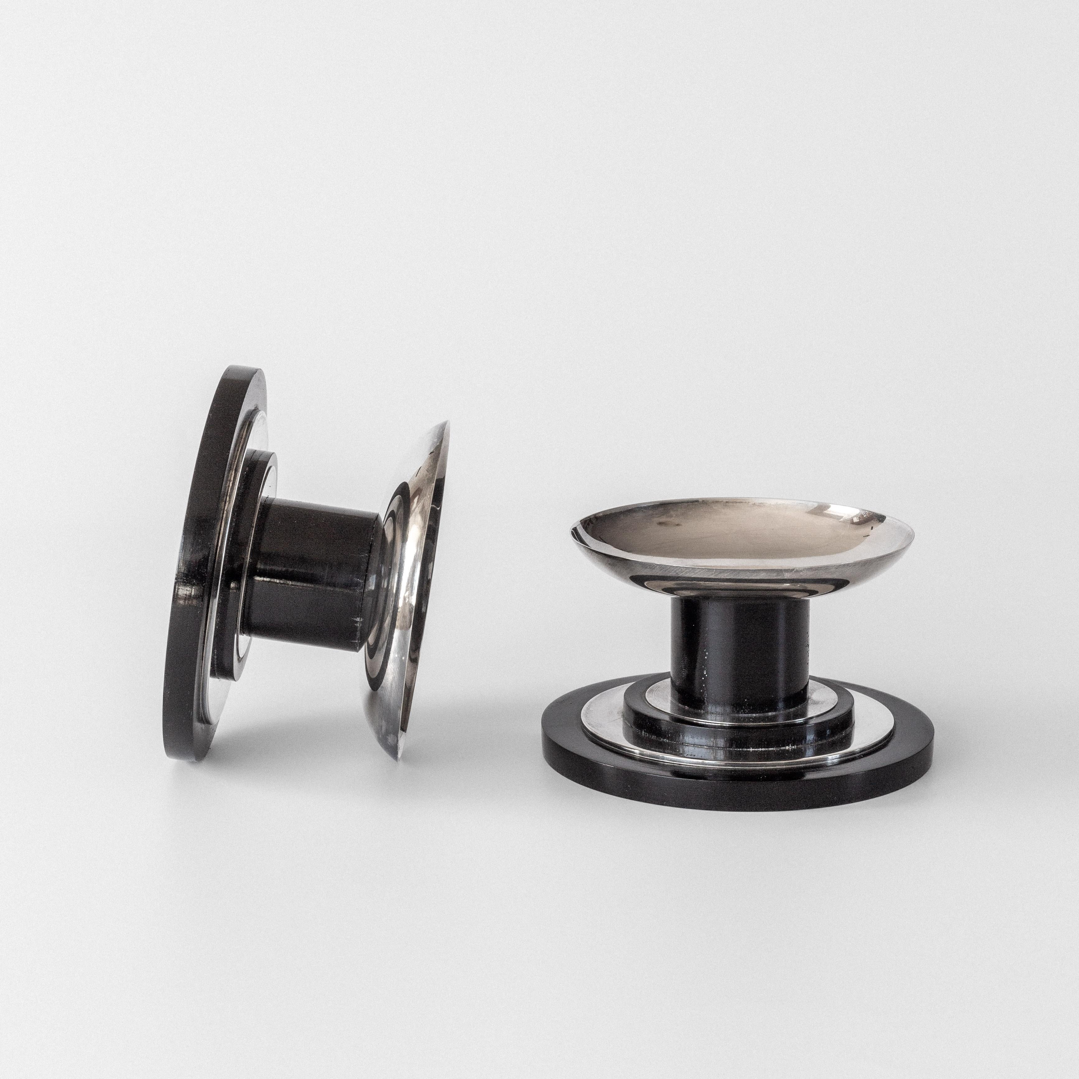 GAB Sweden Sterling Silver & Wood Candlesticks - 1930s Modernist Candle Holders In Good Condition In Stockholm, SE