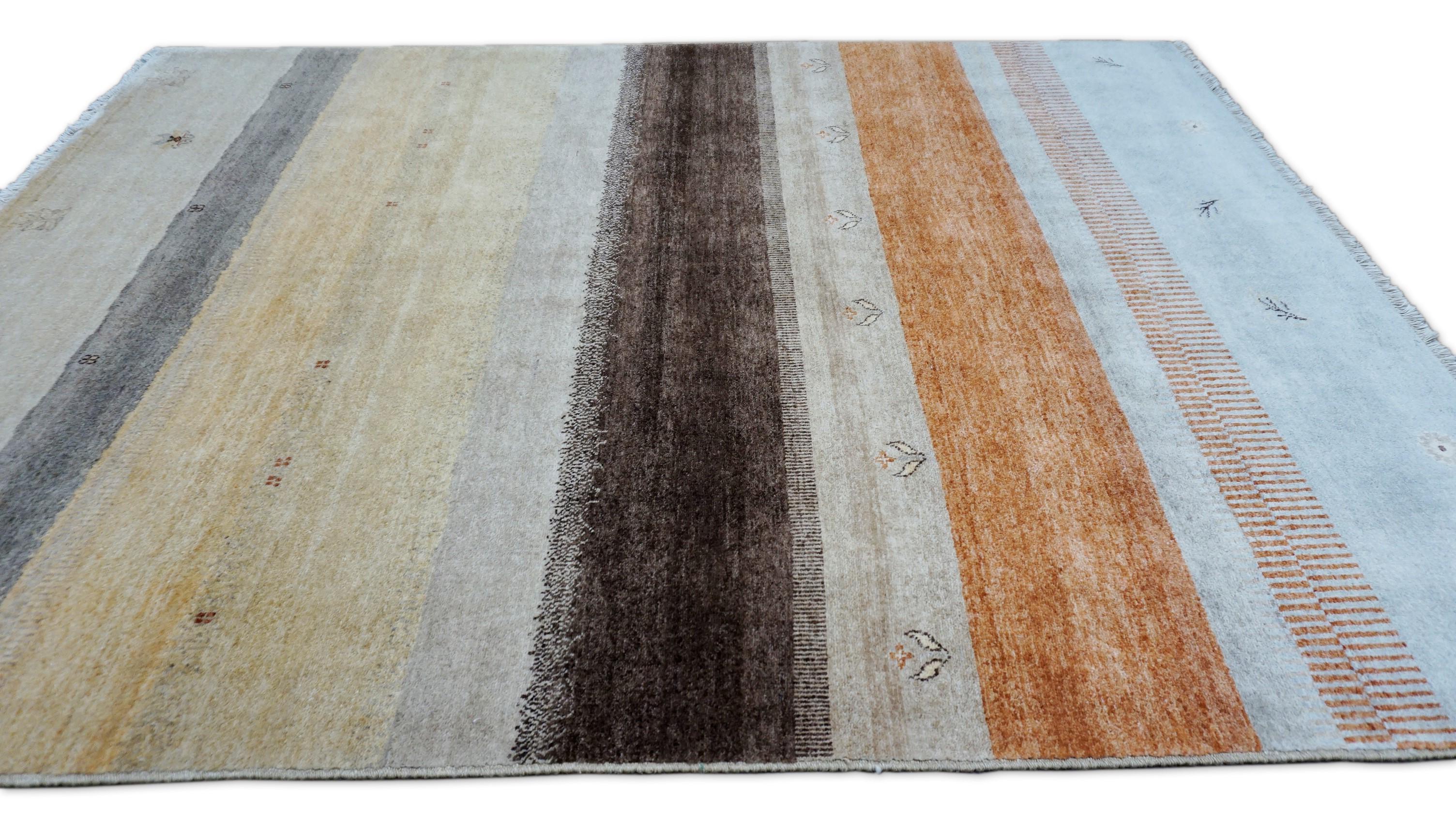 Pakistani Gabbeh-Inspired Modern Earth Tone Striped Wool Rug 5'11''x8' For Sale