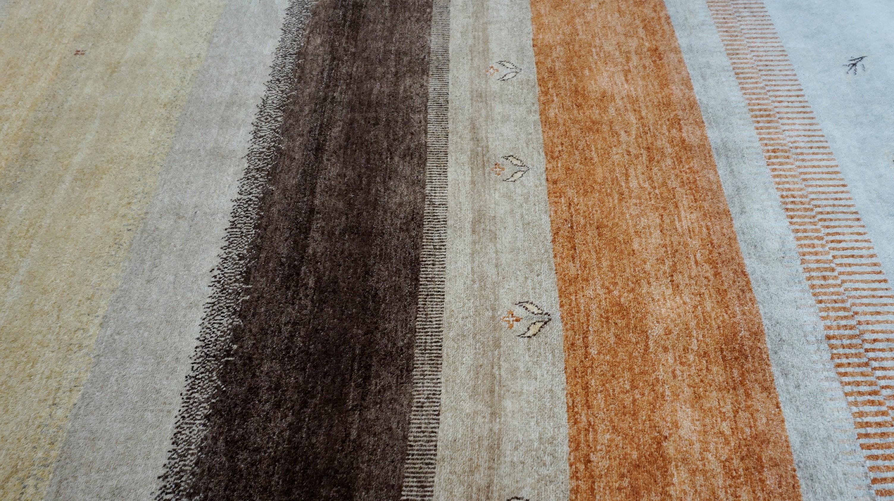 Hand-Knotted Gabbeh-Inspired Modern Earth Tone Striped Wool Rug 5'11''x8' For Sale