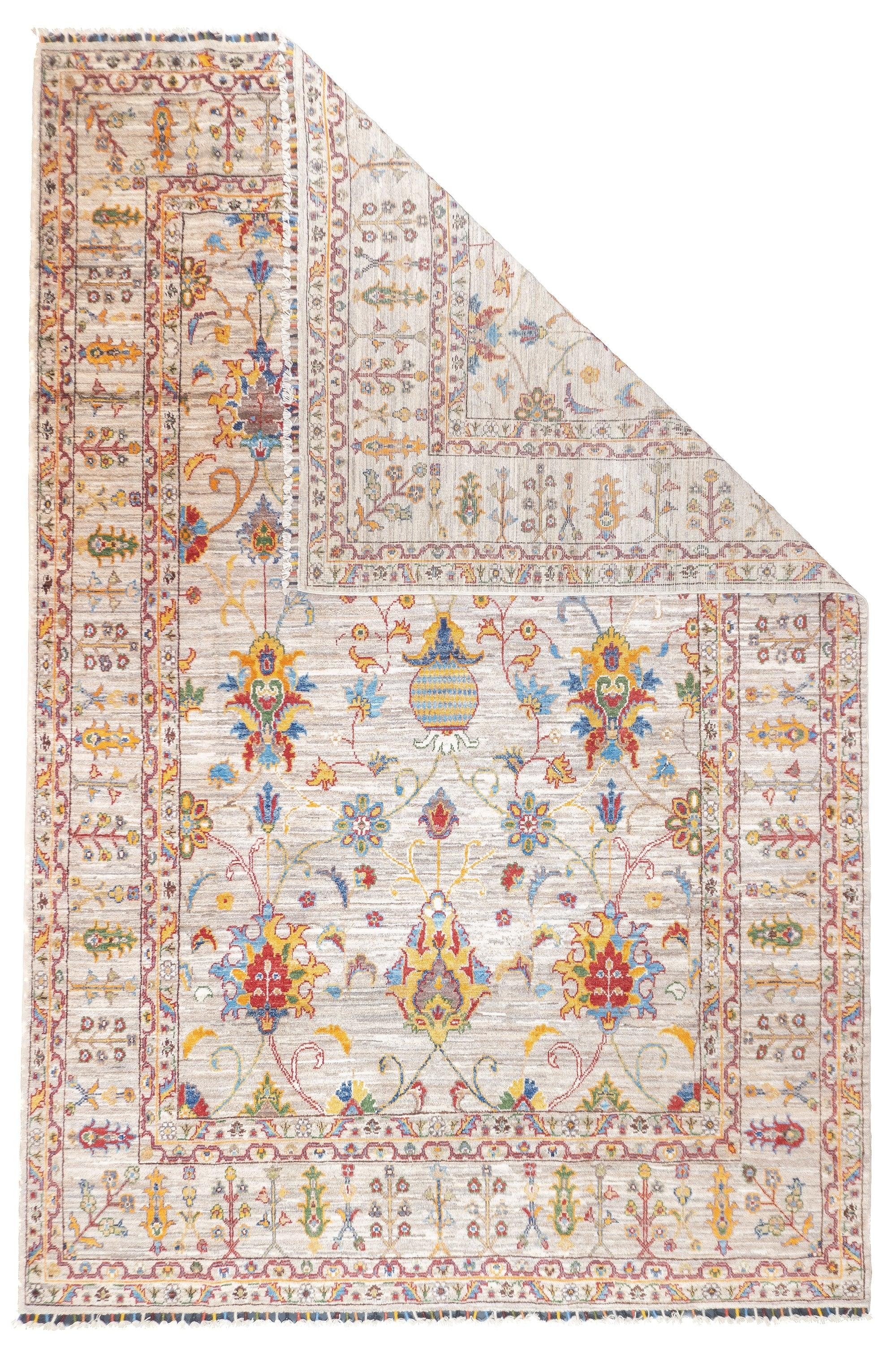 Gabbeh-Teppich 6'5'' x 9'9''. Wollflorteppiche, in der Regel in Form von Streuteppichen, die von den Gaschghai-Stämmen in Südwestpersien (Provinz Fars) gewebt werden, in mäßiger Knüpfung, einfachen Geometrien und schattenlosen Farben. Ab etwa 1900.
