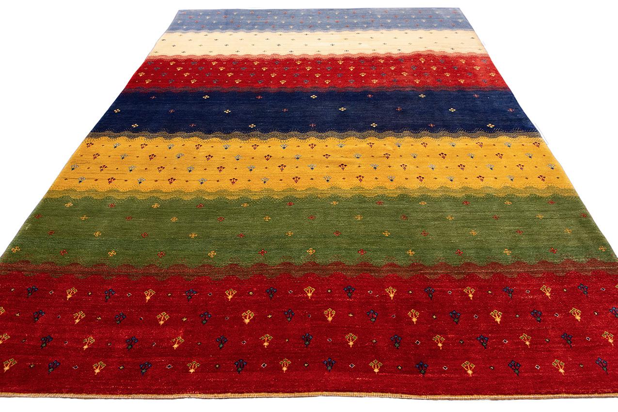 Hand-Knotted Gabbeh Rug Colorful Striped Pattern For Sale
