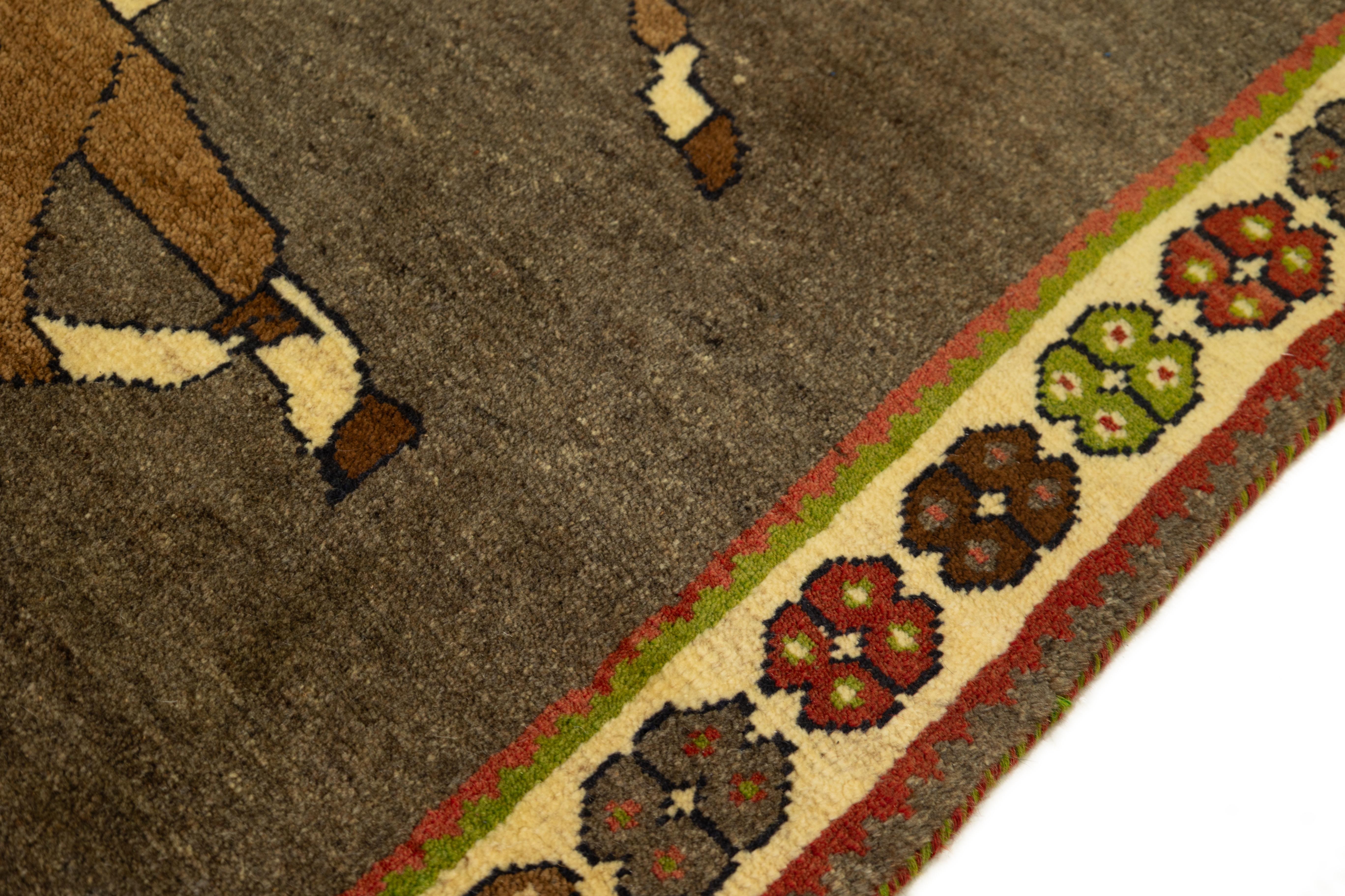 Tappeto Gabbeh, annodato a mano, 4.8 × 3.0 ft - Marrone, Avorio e Ruggine con Cavalli In condizioni ottime in vendita a North Bergen, NJ