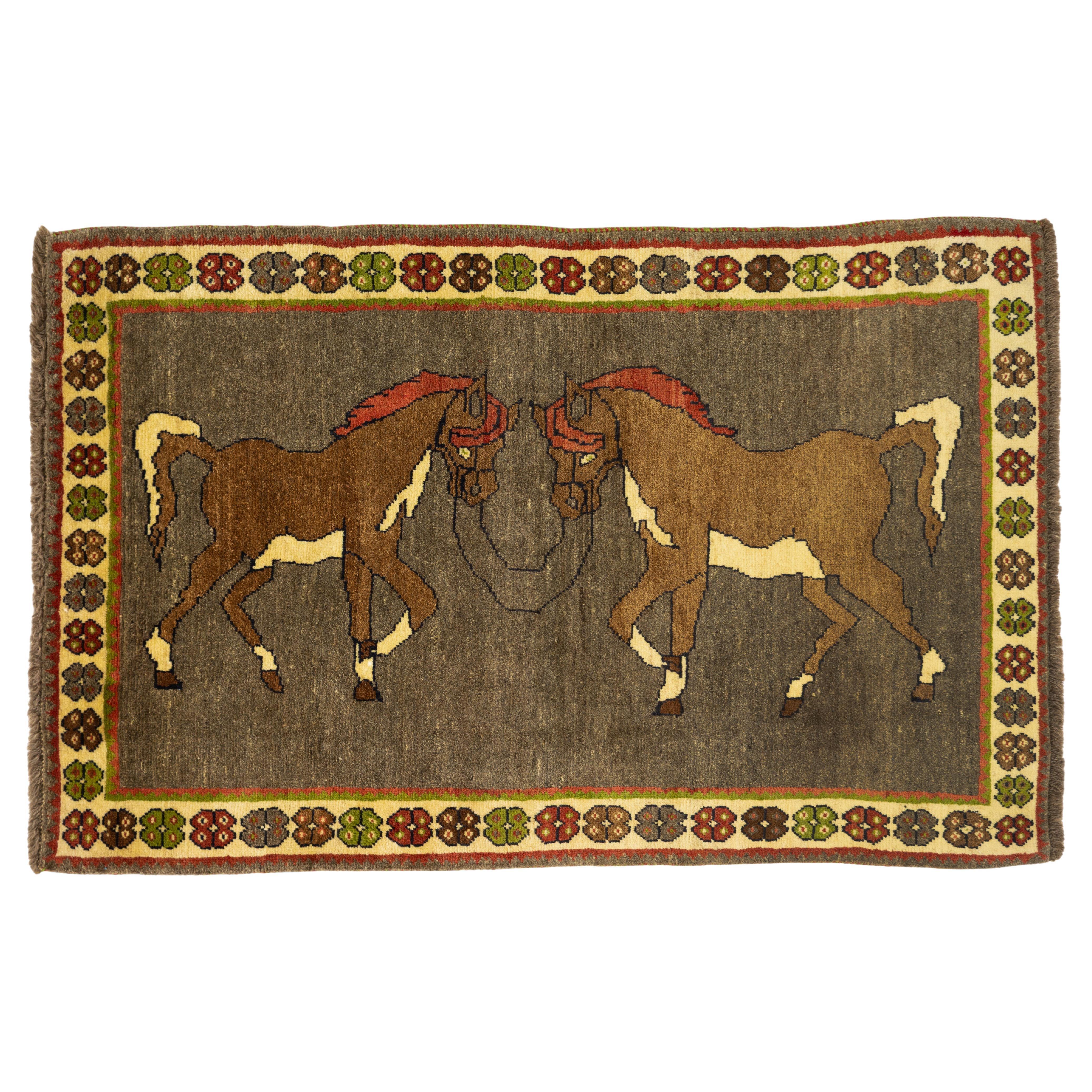 Tappeto Gabbeh, annodato a mano, 4.8 × 3.0 ft - Marrone, Avorio e Ruggine con Cavalli