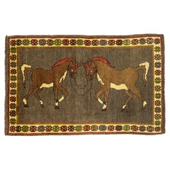 Tappeto Gabbeh, annodato a mano, 4.8 × 3.0 ft - Marrone, Avorio e Ruggine con Cavalli