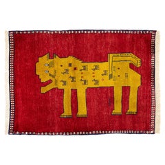 Tappeto Gabbeh, annodato a mano, 4,8 × 3,4 piedi - Leone rosso e giallo