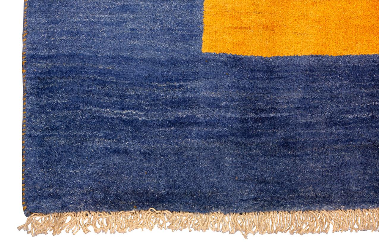 Hand-Knotted Gabbeh Rug Minimalist Design Blue&Yellow For Sale