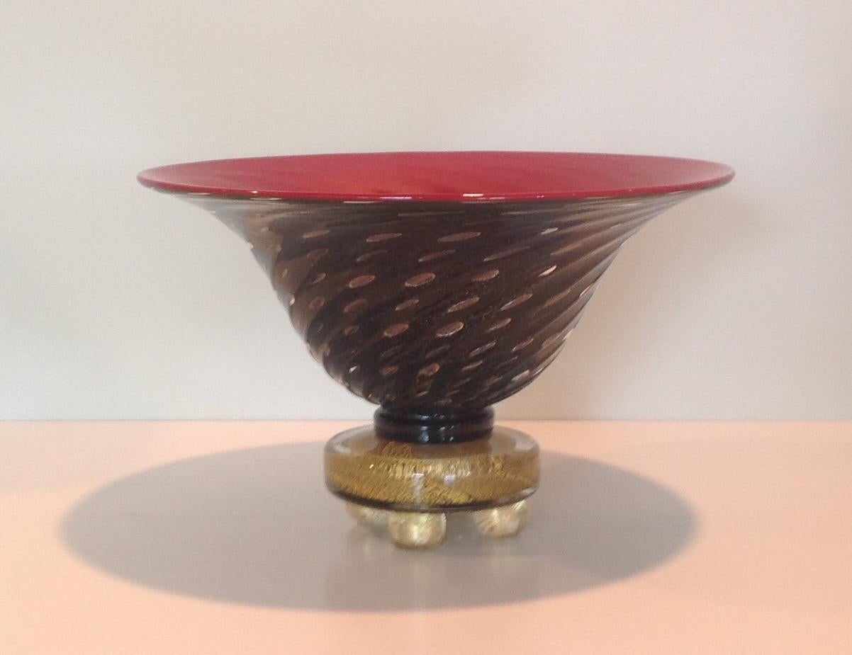 Late 20th Century Gabbiani Artist Signed Center Piece Murano Bowl with Gold Foot For Sale