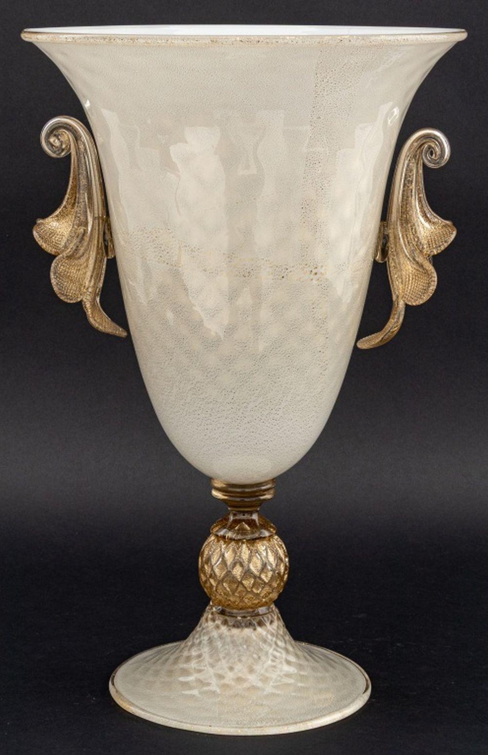 Gabbiani Venezia Murano Gold-Flecked Glass Vase, with two applied floriform handles atop an orb above a circular base. 16.25