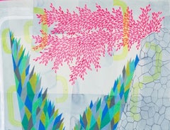 Untitled 371, Vertical Abstract Landscape in Pink, Blue, Teal, Green