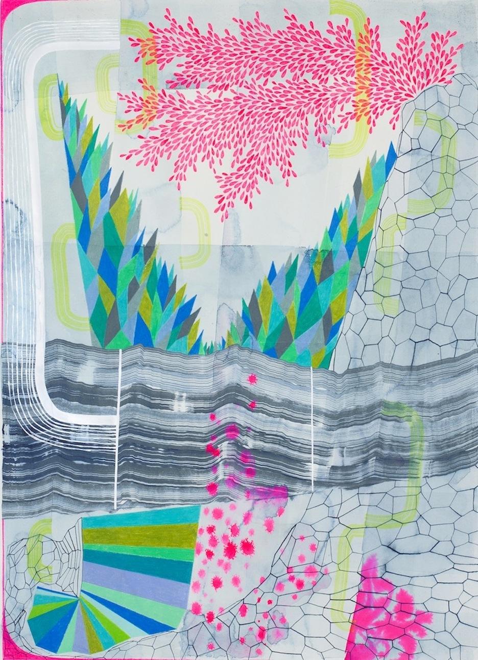 Gabe Brown Abstract Drawing - Untitled 371, Vertical Abstract Landscape in Pink, Blue, Teal, Green