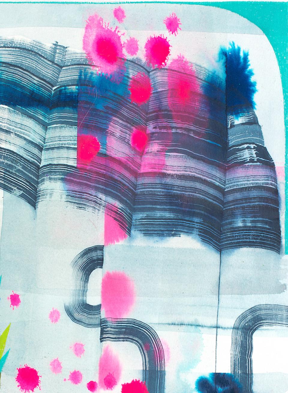 Untitled 392, Vertical Abstract Landscape in Pink, Blue, Teal, Green, Purple - Contemporary Mixed Media Art by Gabe Brown