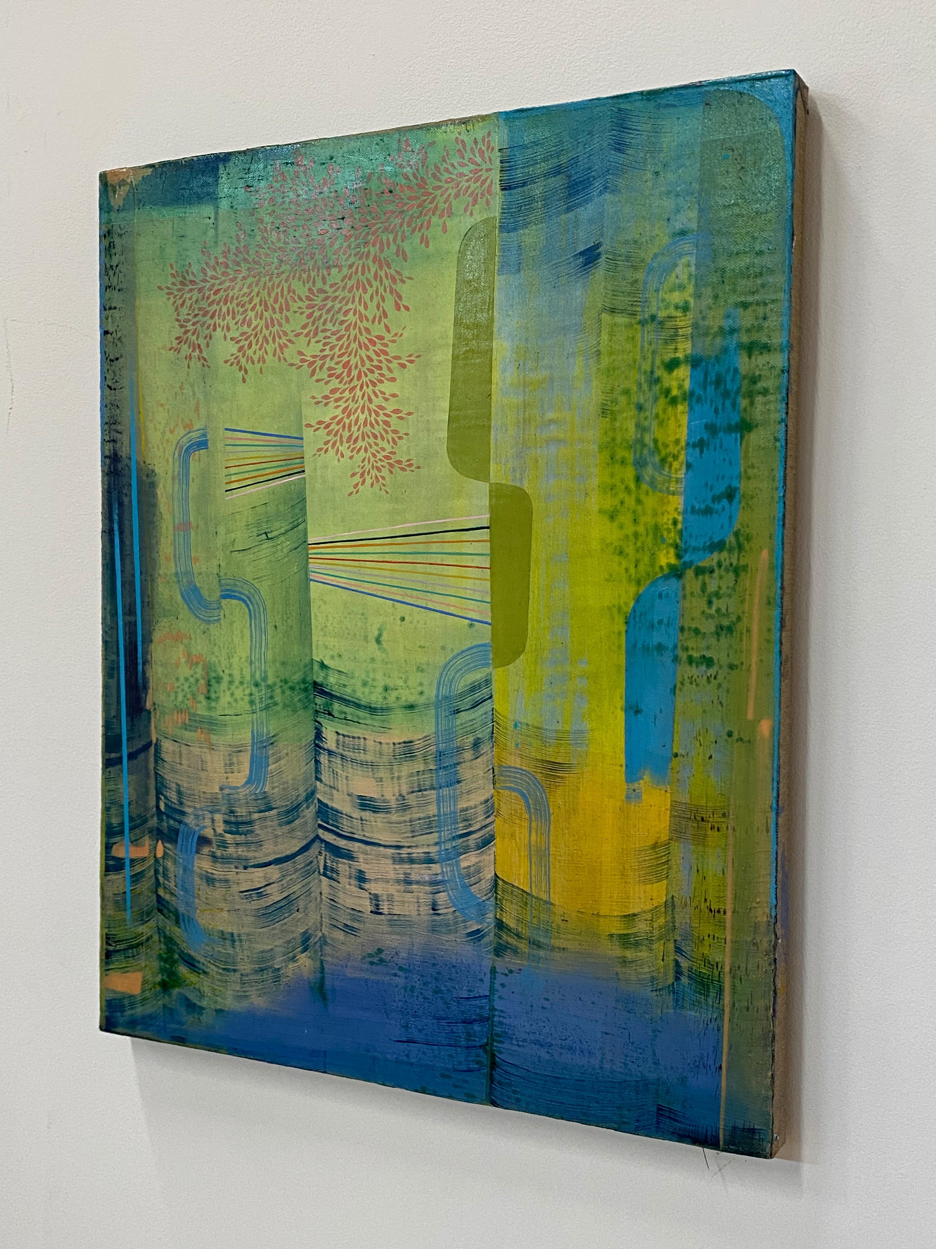 Pioggia acida, foglia di pesca pallida, verde erba chiaro, motivo astratto dorato - Painting di Gabe Brown