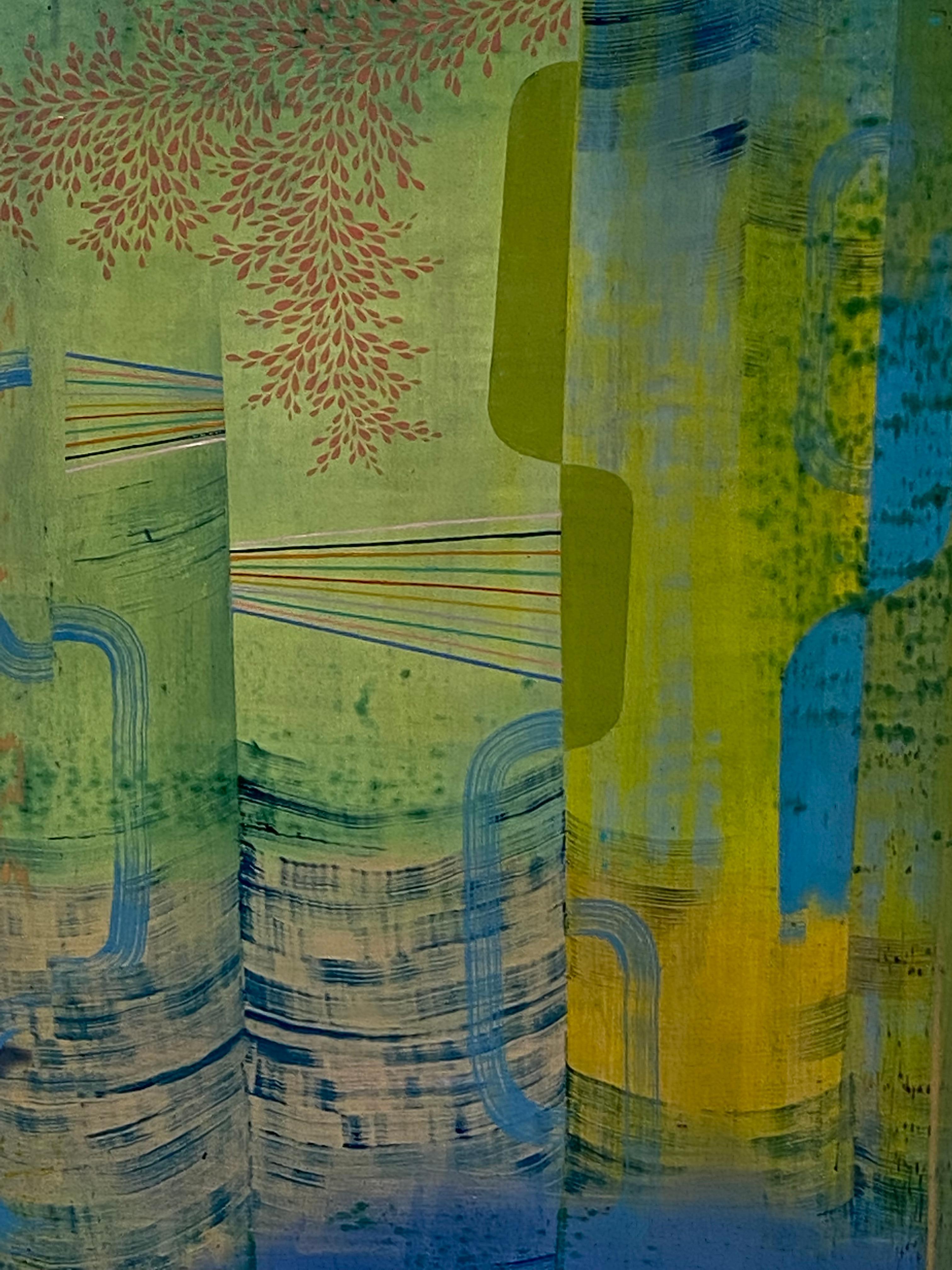 Pioggia acida, foglia di pesca pallida, verde erba chiaro, motivo astratto dorato - Landscape Painting Verde di Gabe Brown
