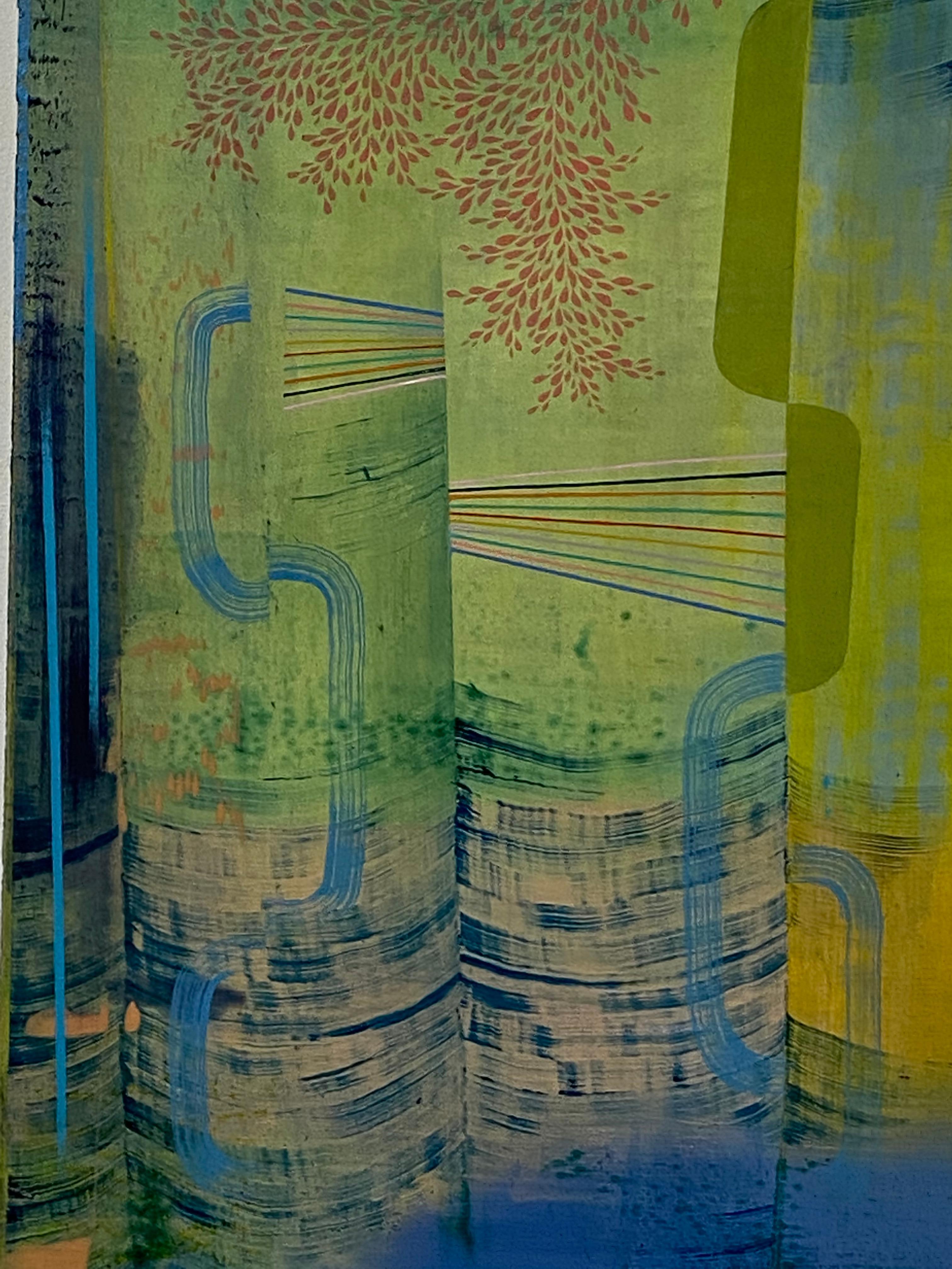 Motivi accuratamente ordinati, forme geometriche e linee delicate nei colori pesca pallido, azzurro e viola pallido su uno sfondo verde chiaro con accenni di arancio dorato e giallo verdastro. Firmato, datato e titolato sul retro.

Esplorando un