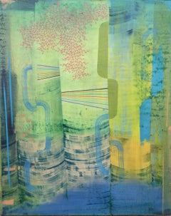 Lluvia ácida - Hojas melocotón pálido Hierba azul Verde Amarillo Patrón abstracto. 2021