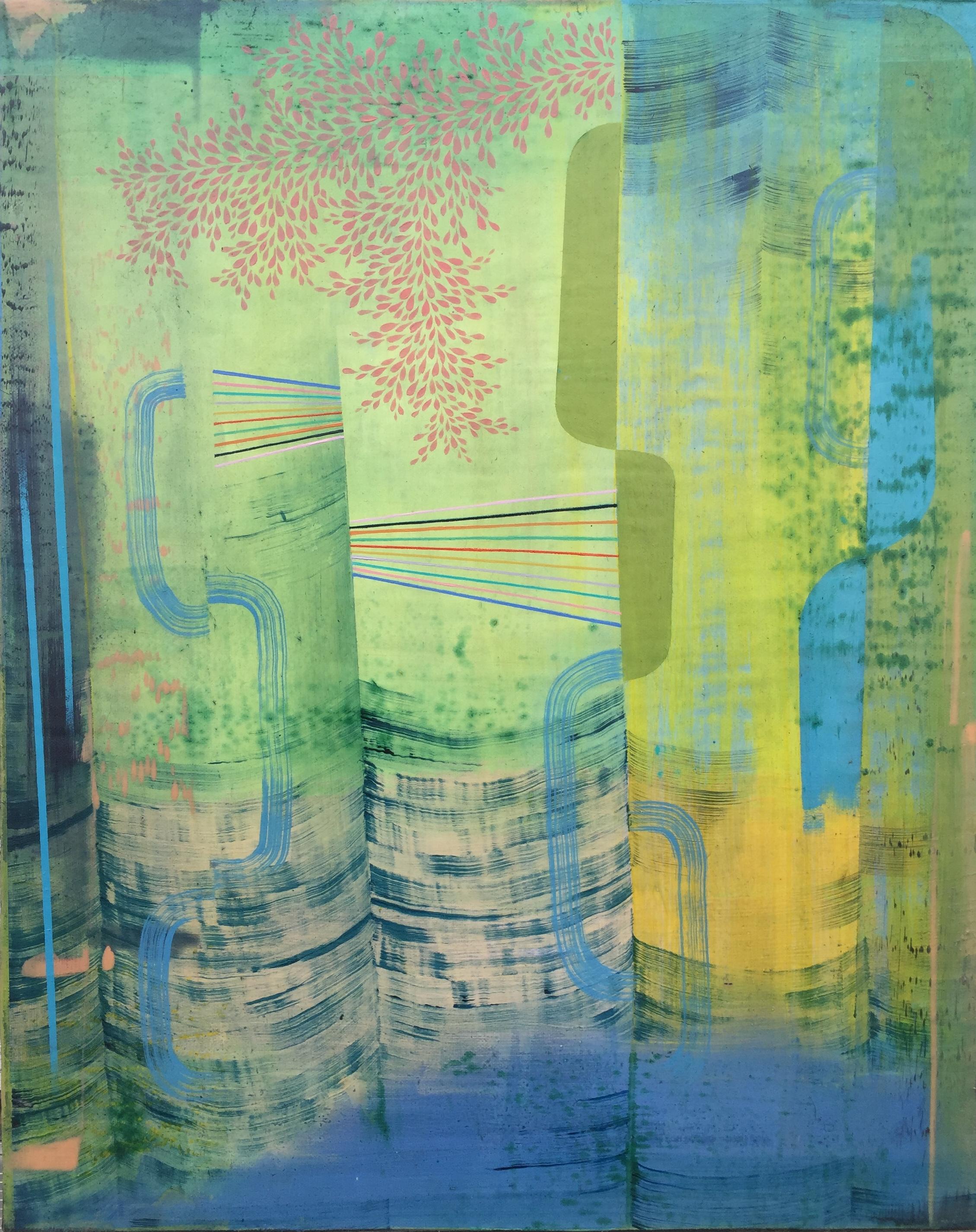 Gabe Brown Abstract Painting – Acid Rain - Pale Peach Leaves Blue Grass Green Yellow Abstract Pattern. 2021