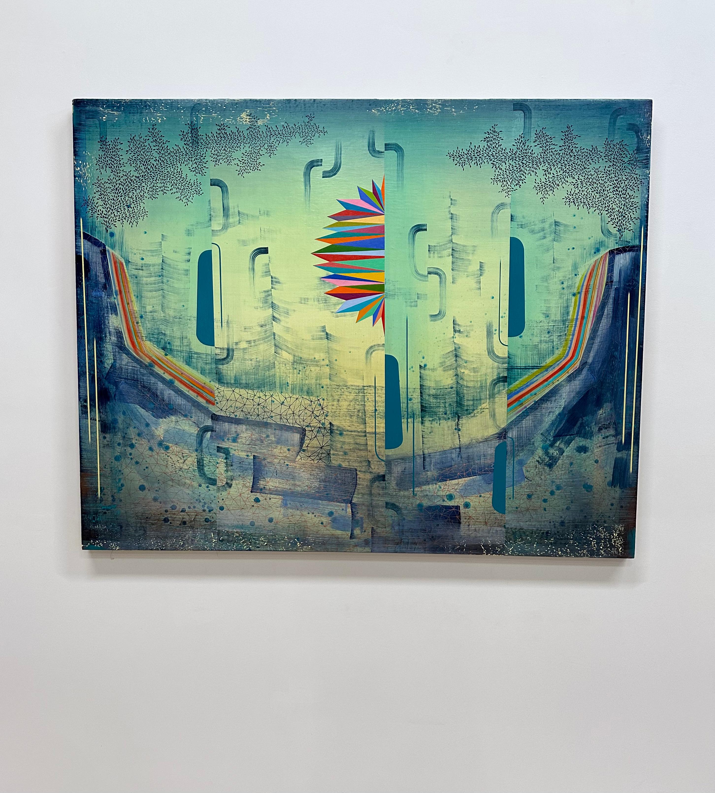 Paesaggio astratto di grandi dimensioni Across the Universe, Blue Green Teal Rainbow Pattern - Painting di Gabe Brown