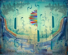 Paesaggio astratto di grandi dimensioni Across the Universe, Blue Green Teal Rainbow Pattern