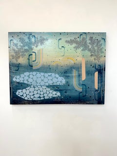 Allstones Cove - Teal Navy Blue Leaves Peach Abstract Pattern Landscape, 2023