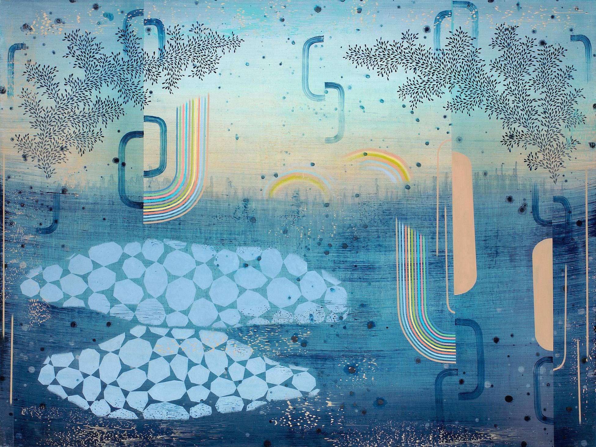 Gabe Brown Abstract Painting - Allstones Cove - Teal Navy Blue Leaves Peach Abstract Pattern Landscape, 2023