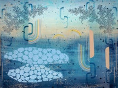 Allstones Cove - Teal Navy Blue Leaves Peach Abstract Pattern Landscape, 2023