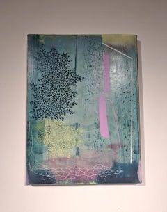 Ash Grove, Vertical Abstract Landscape in Teal Blue, Navy, Purple and Yellow