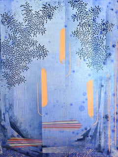 Backwater Blues - Contemporary Abstract Landscape Pattern Stripes Leaves, 2025