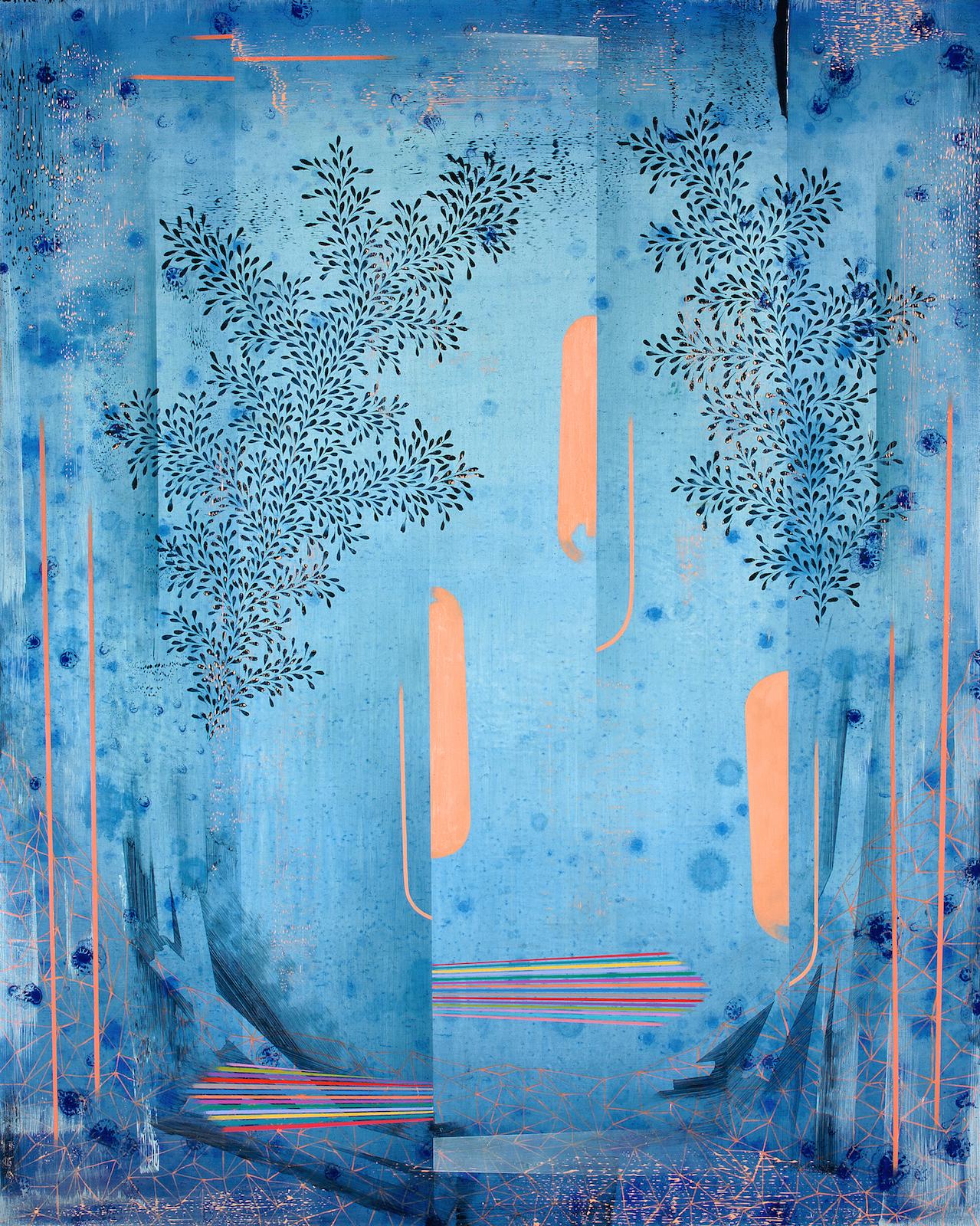 Backwater Blues - Contemporary Abstract Landscape Pattern Stripes Leaves, 2025