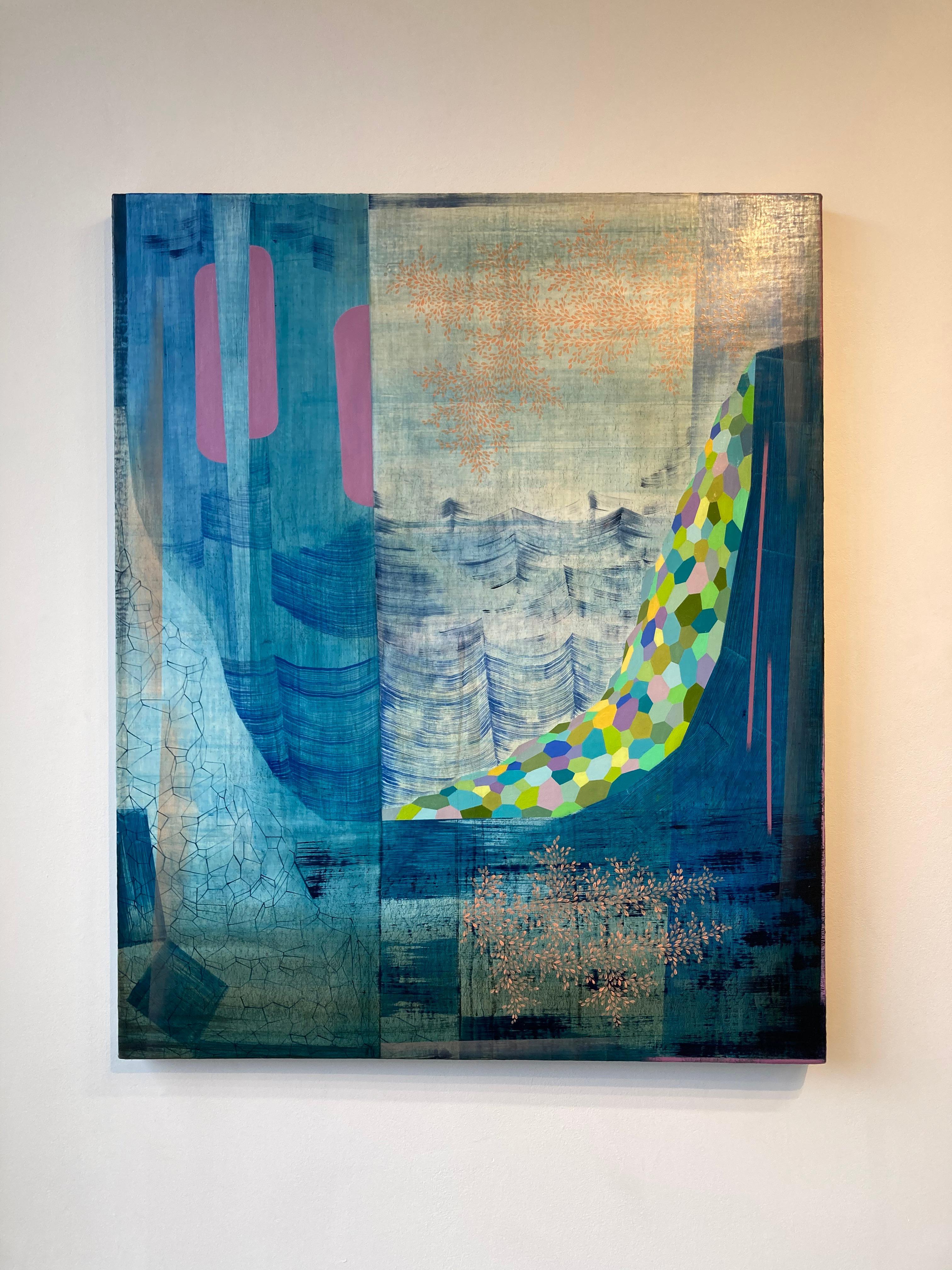 This large, colorful oil painting on linen mounted on panel by Gabe Brown is composed of carefully ordered patterns, geometric shapes and delicate lines in lilac purple, pale peach, light green, teal and mustard yellow on an indigo blue background.