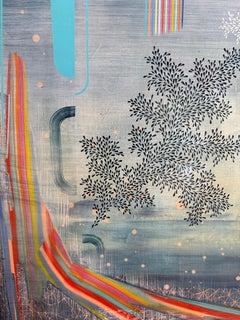 Vista azul - Abstracto contemporáneo Azul Arcoiris Patrón Rayas Hojas, 2023