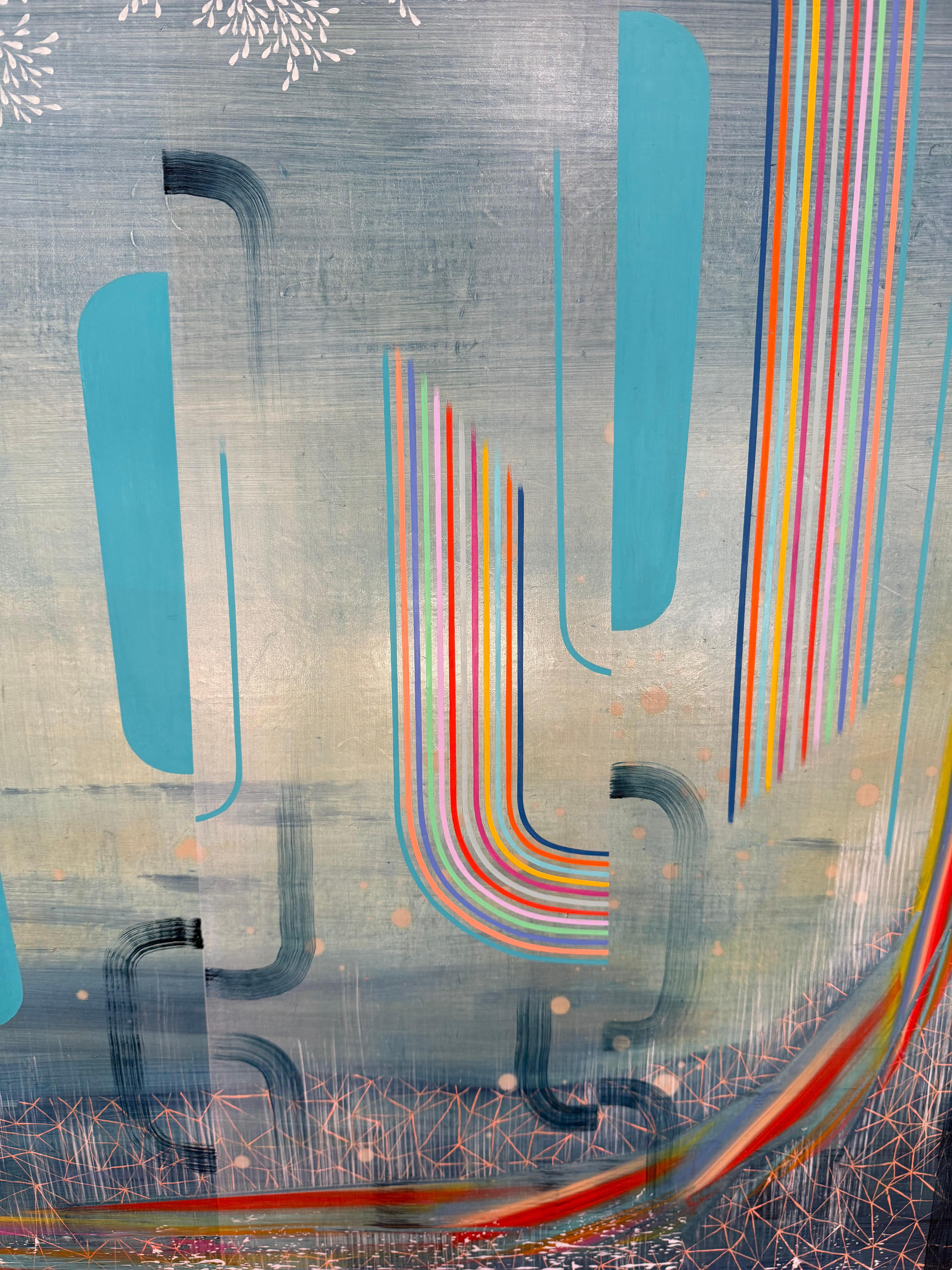 Blue Vista - Zeitgenössische abstrakte blaue Regenbogen Muster Streifen Blätter, 2023 (Blau), Abstract Painting, von Gabe Brown