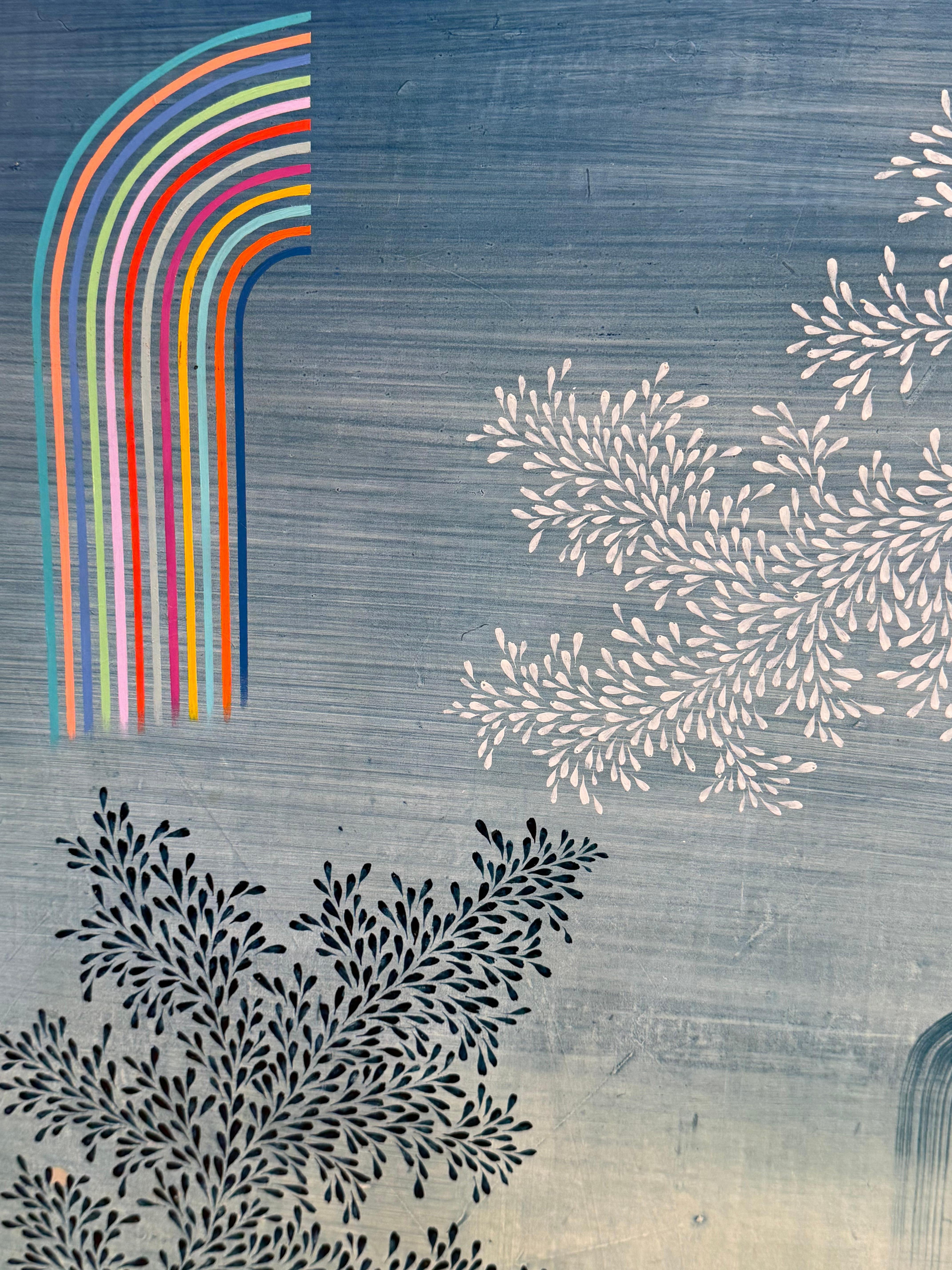 Blue Vista - Zeitgenössische abstrakte blaue Regenbogen Muster Streifen Blätter, 2023 im Angebot 3