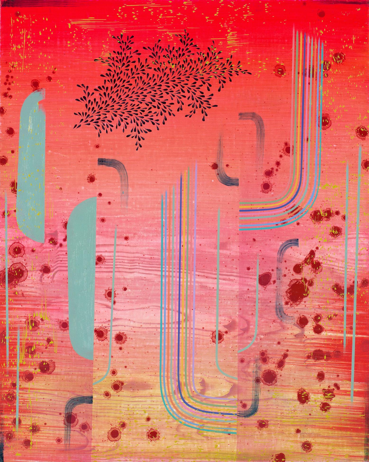 Gabe Brown Abstract Painting - Cha Cha, Bright Neon Coral Pink, Light Gray, Indigo Abstract Patterns