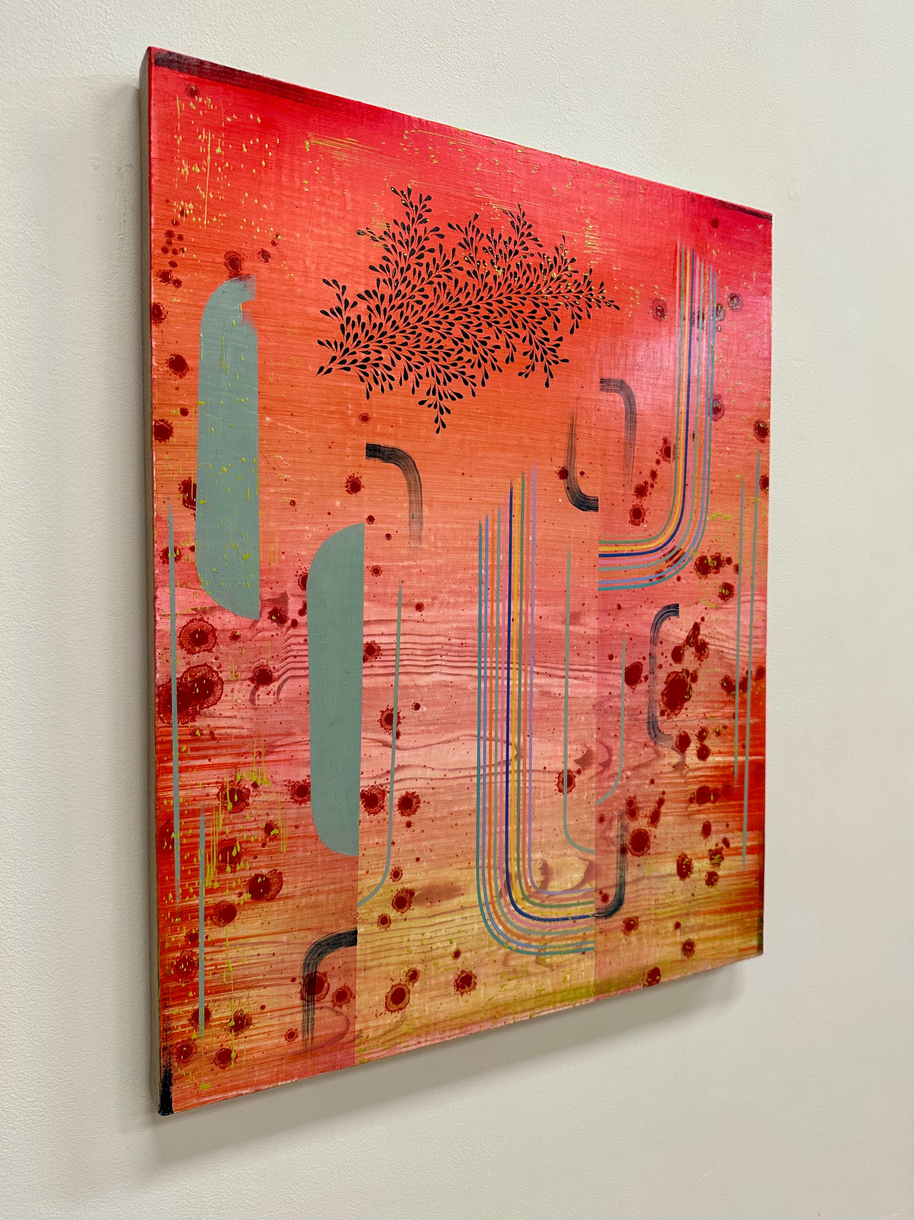 En este cuadro abstracto contemporáneo en óleo sobre lino montado en panel, se aprecian patrones cuidadosamente ordenados, formas geométricas y delicadas líneas en rosa pálido, azul cobalto, amarillo y azul gris pálido sobre un luminoso y brillante